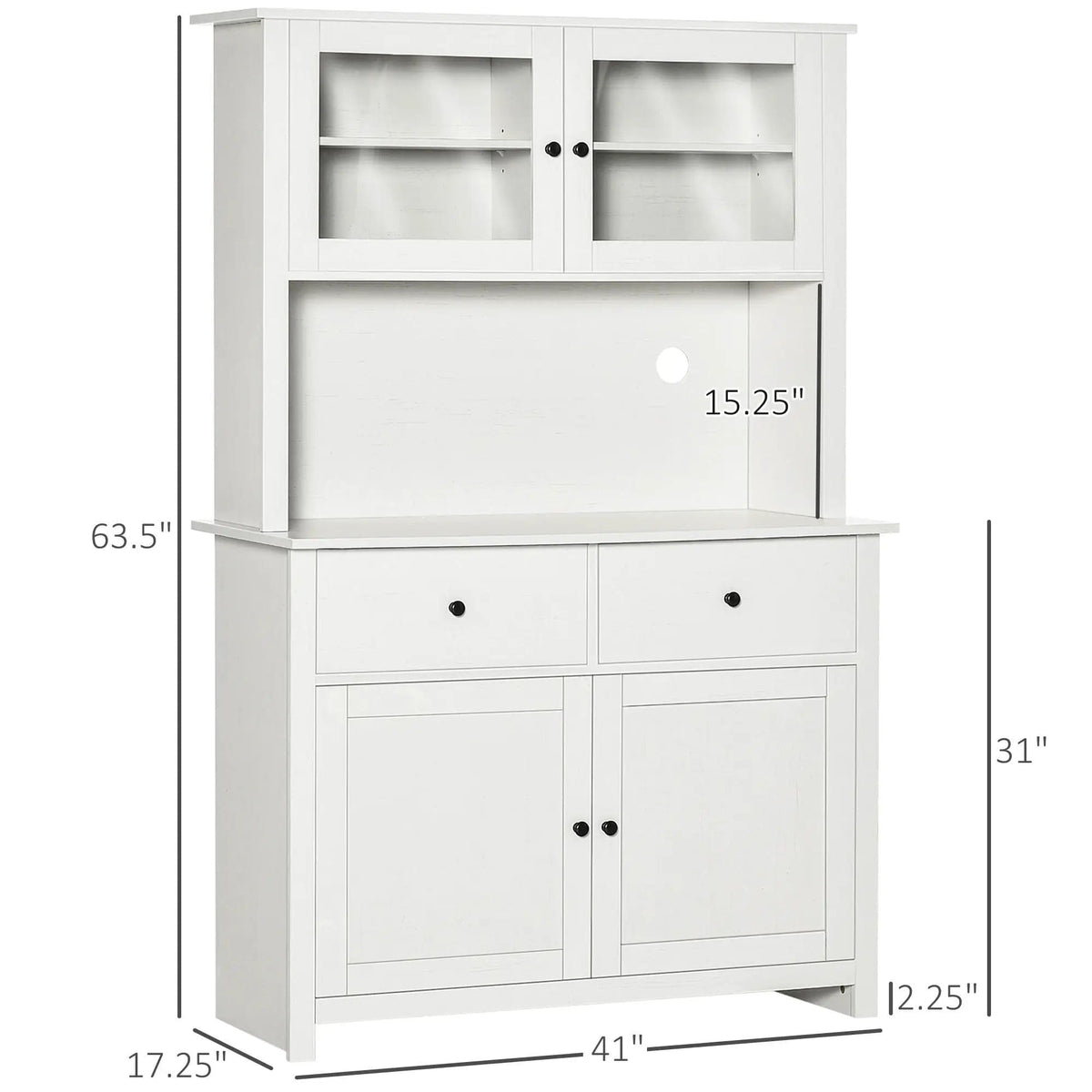 Homcom 63.5" Kitchen Buffet With Hutch, Pantry Storage Cabinet With 4 Shelves | 41 x 17.3 x 63.5 in | Glass & Wood | Antique White