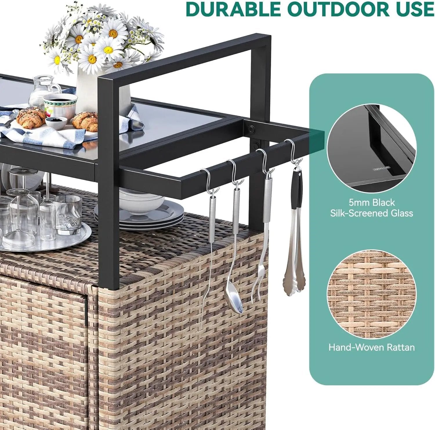 Large Outdoor Kitchen Rolling Cart With Black Glass Top from PriceLows™