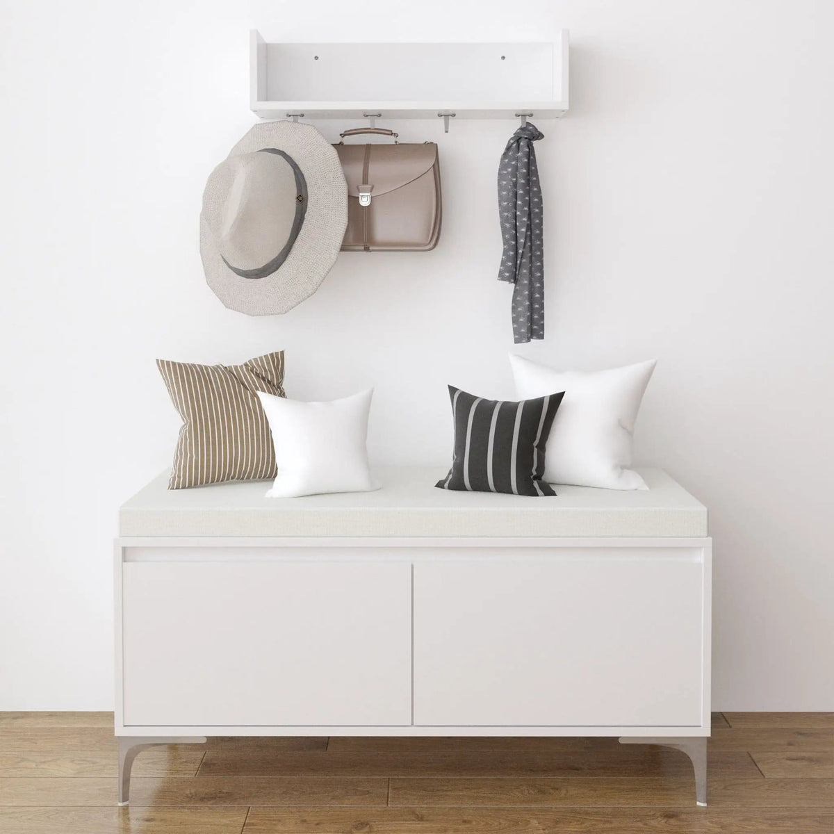 Wall Mounted Entryway Shelf With Hooks And Storage Bench Set - | 39.37 x 15.75 x 19.49 in | Metal & Wood | Off White