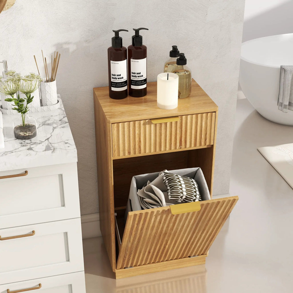 Tilt Out Trash Can Cabinet | Wave Textured Drawer | Pull Out Bin | Dual-Zone Waste Control
