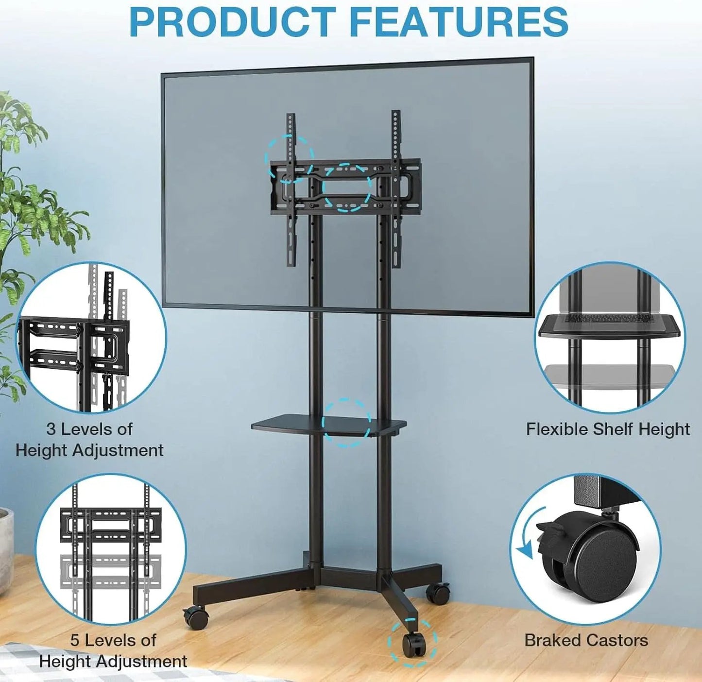 Rolling TV Stand 32-75 Inch With Height Adjustable Shelf from PriceLows™