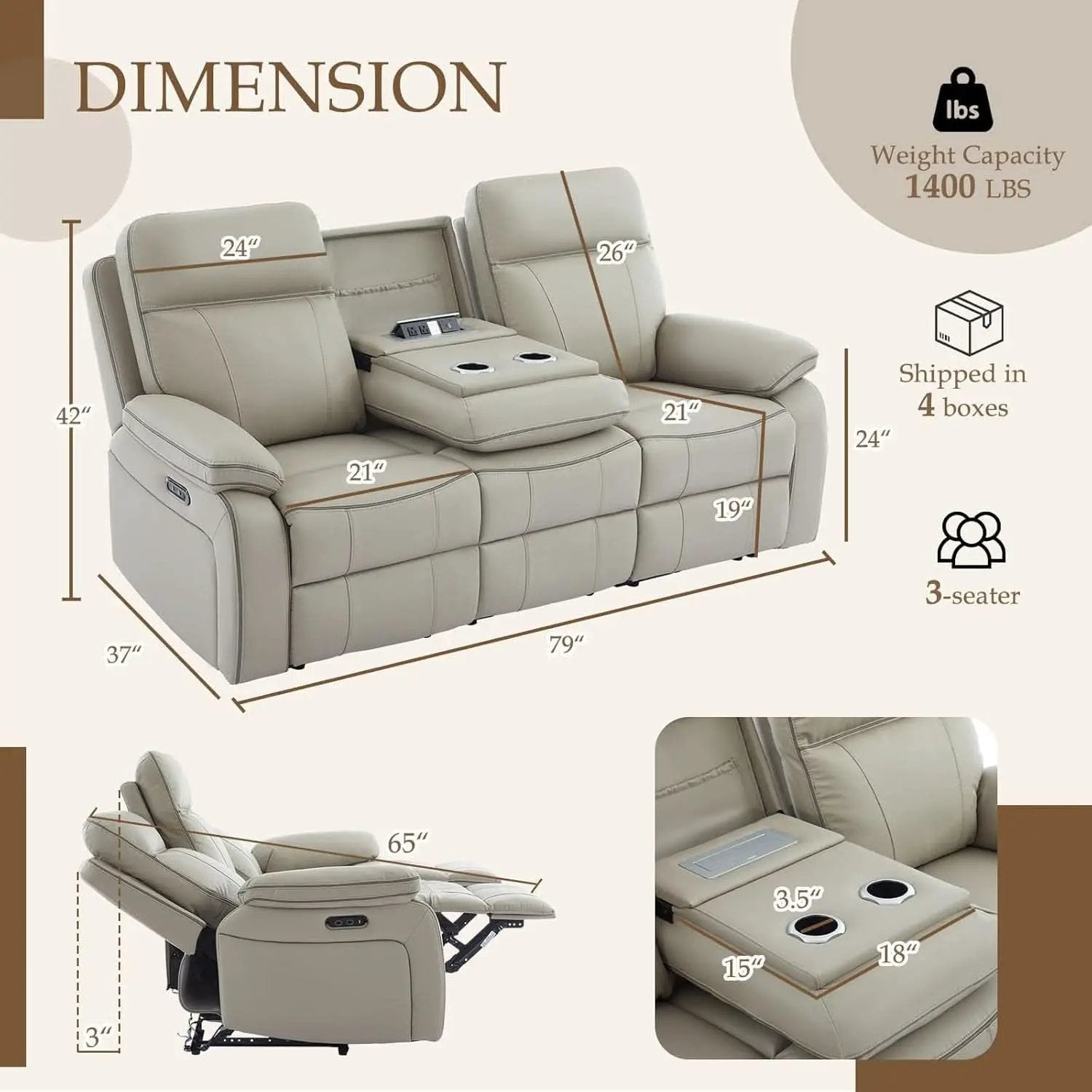 Grey Power Reclining Sofa With Fold Down Table Usb Type C from PriceLows™