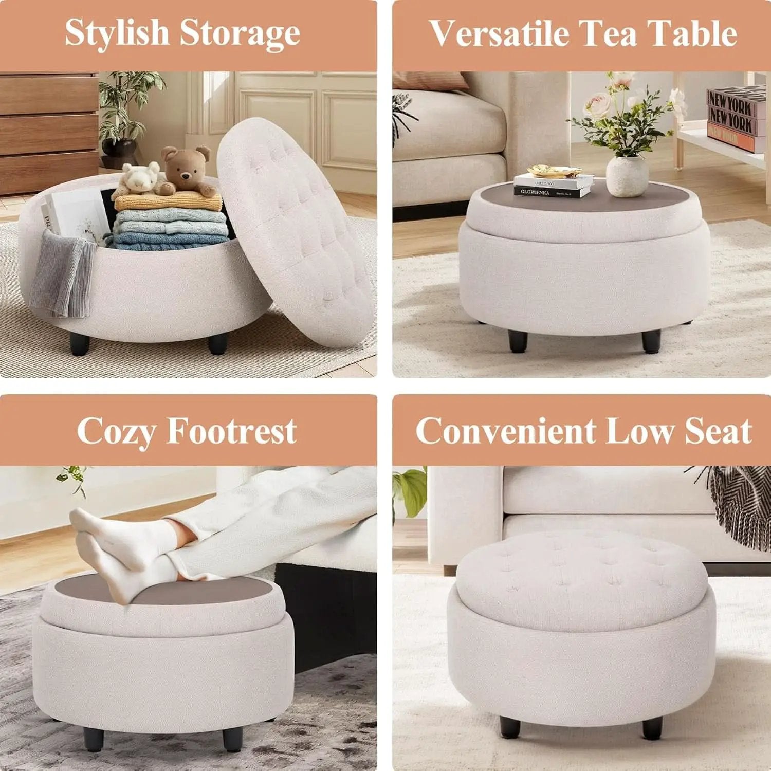 Beige Polyester Circular Storage Ottoman With Tray from PriceLows™