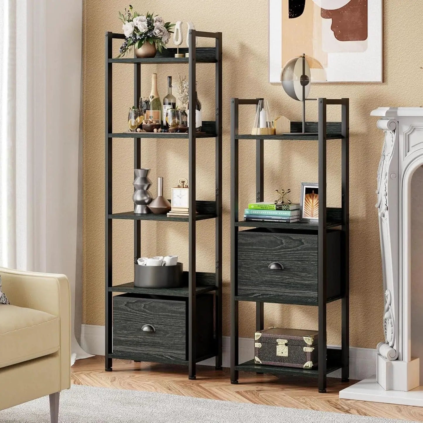5 Tier Bookshelf With Drawer Black In Modern Rustic Style from PriceLows™