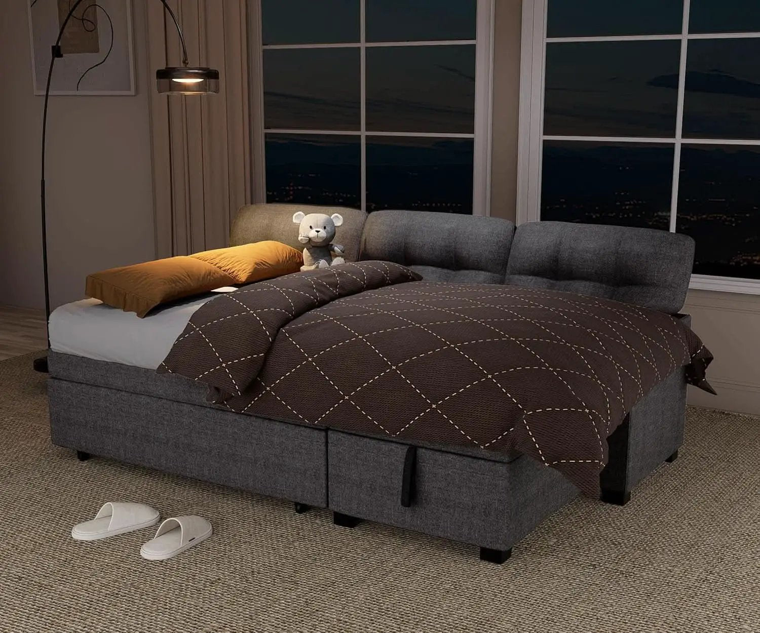 Reversible Sectional Sofa Couch, Sleeper Sofa Bed with Storage Chaise Pull Out Couch for Living Room | Hidden Stroge | Pull Out Bed | Removable Backrest | Linen Fabric, Light Grey from PriceLows™
