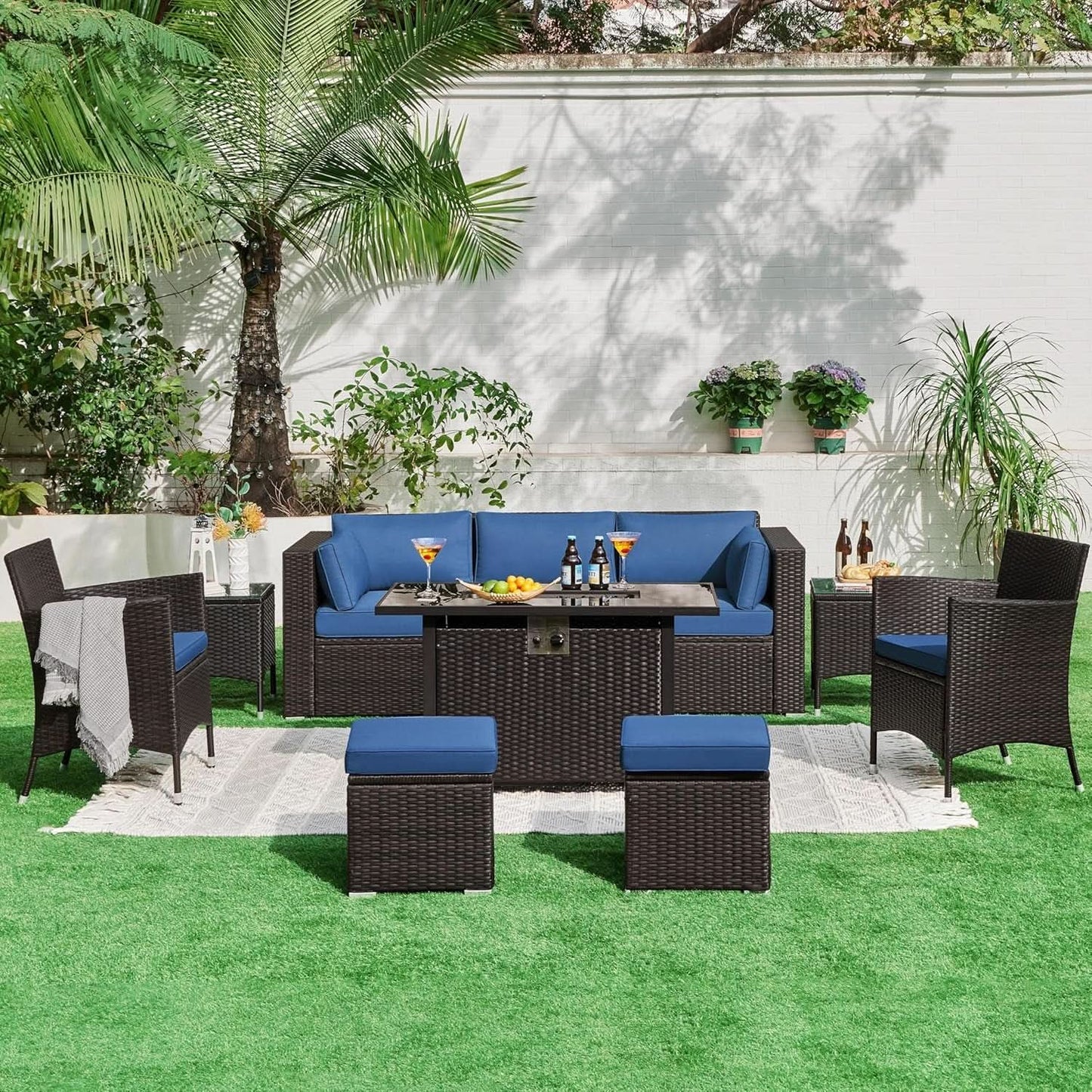 Outdoor Three-Seat Wicker Sofa with Deep Cushions and Pillows from PriceLows™