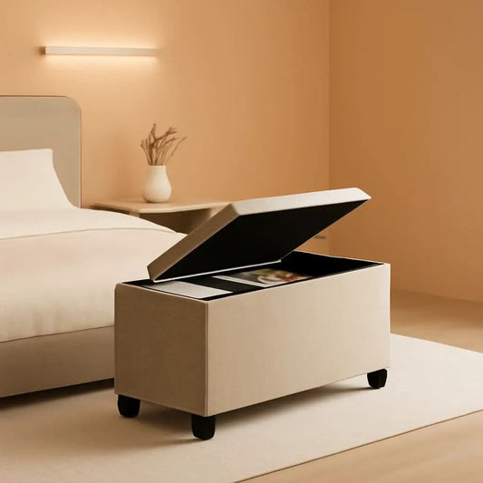 Ivory Linen Ottoman With Removable Storage Bins For Living Room from PriceLows™