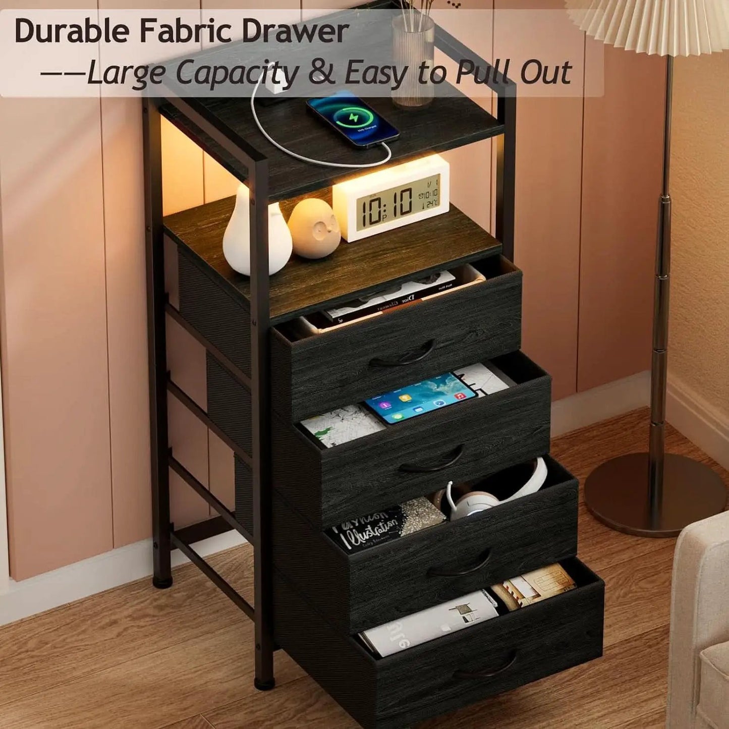 Black Nightstand With LED Lights And Built In Charging from PriceLows™