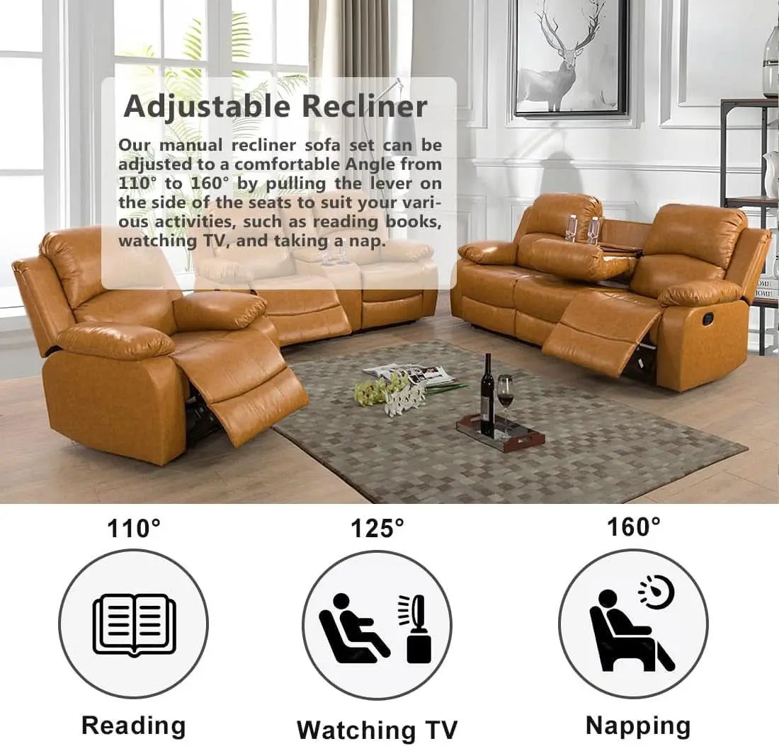Manual Recliner Sofa Set Ginger Vegan Leather Cupholders from PriceLows™