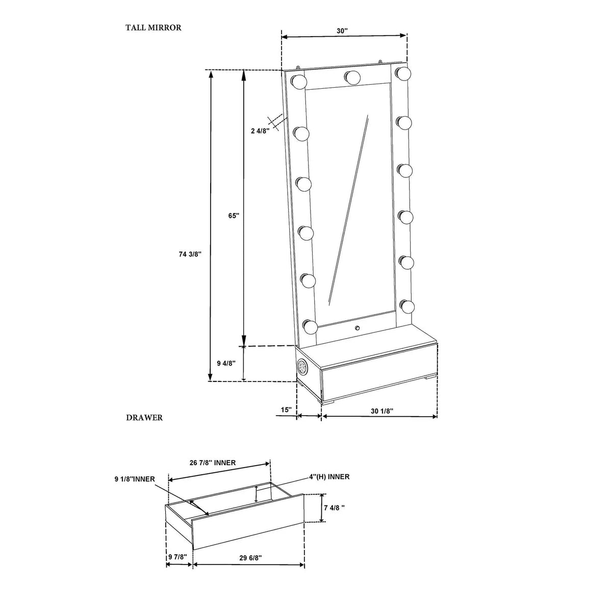 Elisa Narrow Tall Mirror With Speaker And Drawer | 30.08 x 14.96 x 74.41 in | Wood | Home