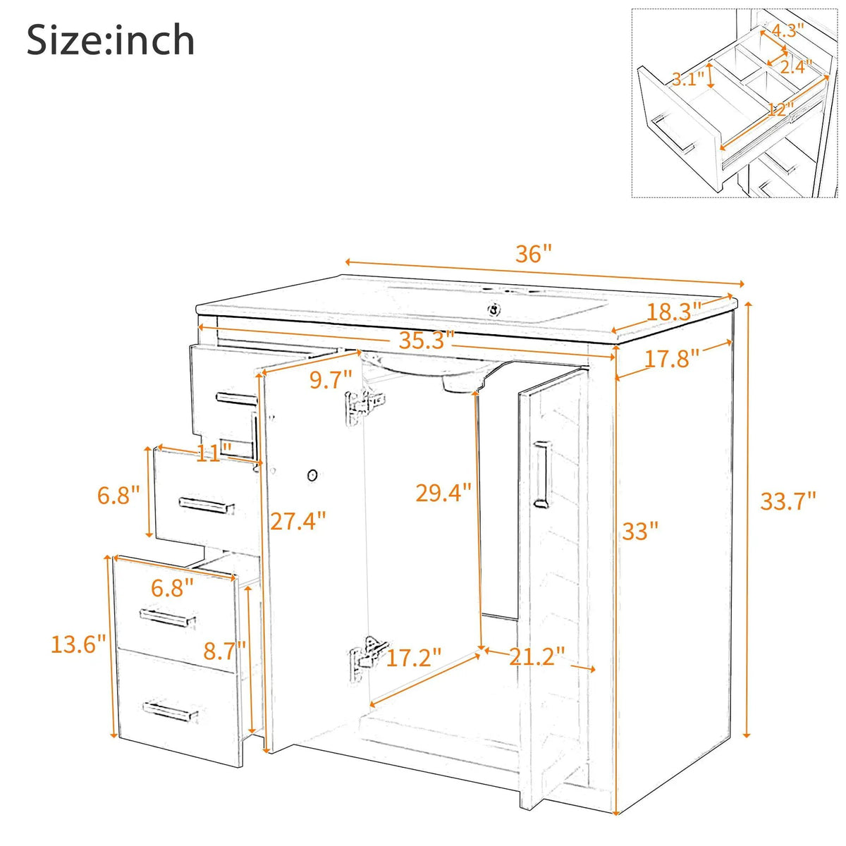 36 Inch Bathroom Vanity | Ceramic Sink Combo | 3 Drawers | Soft Closing Doors