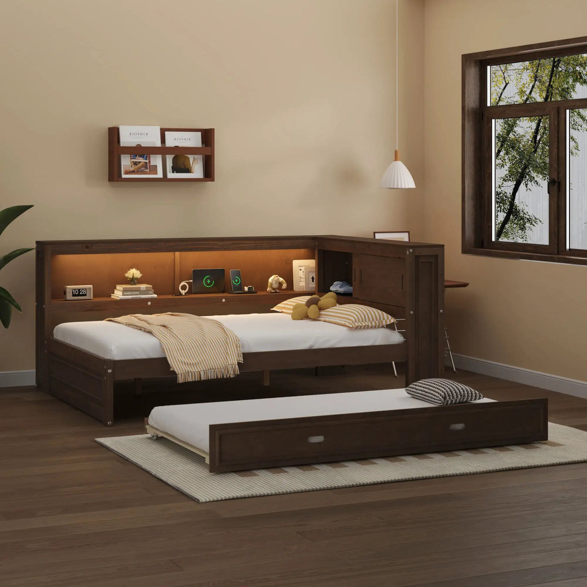 Daybed With Trundle | Storage Shelves | LED Strip With Remote | USB Charging