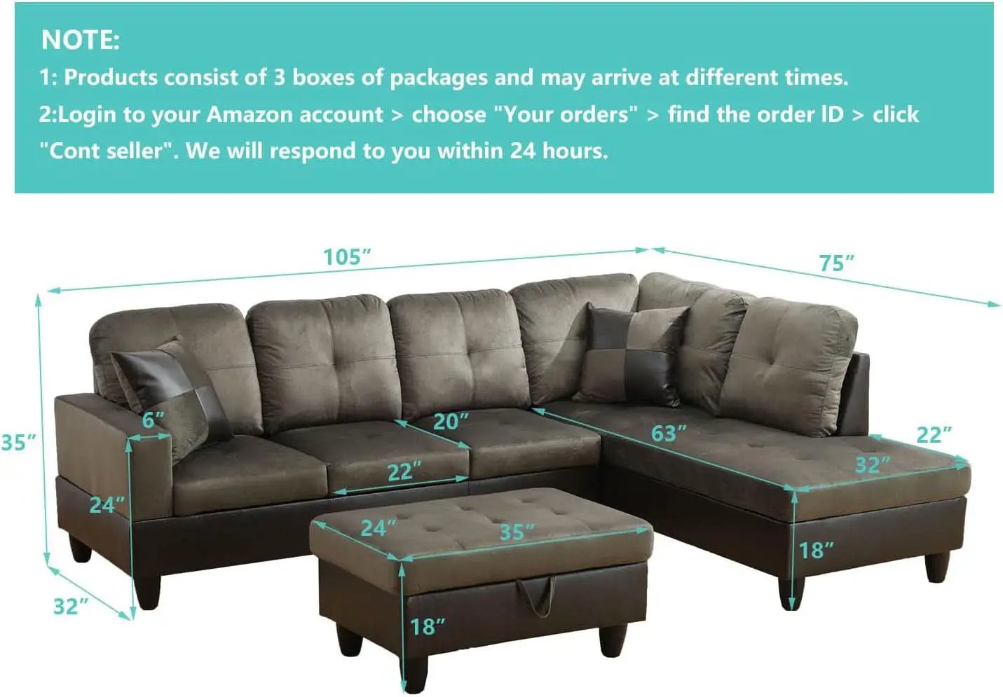 Taupe 105 Inch L Shaped Sectional Sofa With Storage Ottoman from PriceLows™