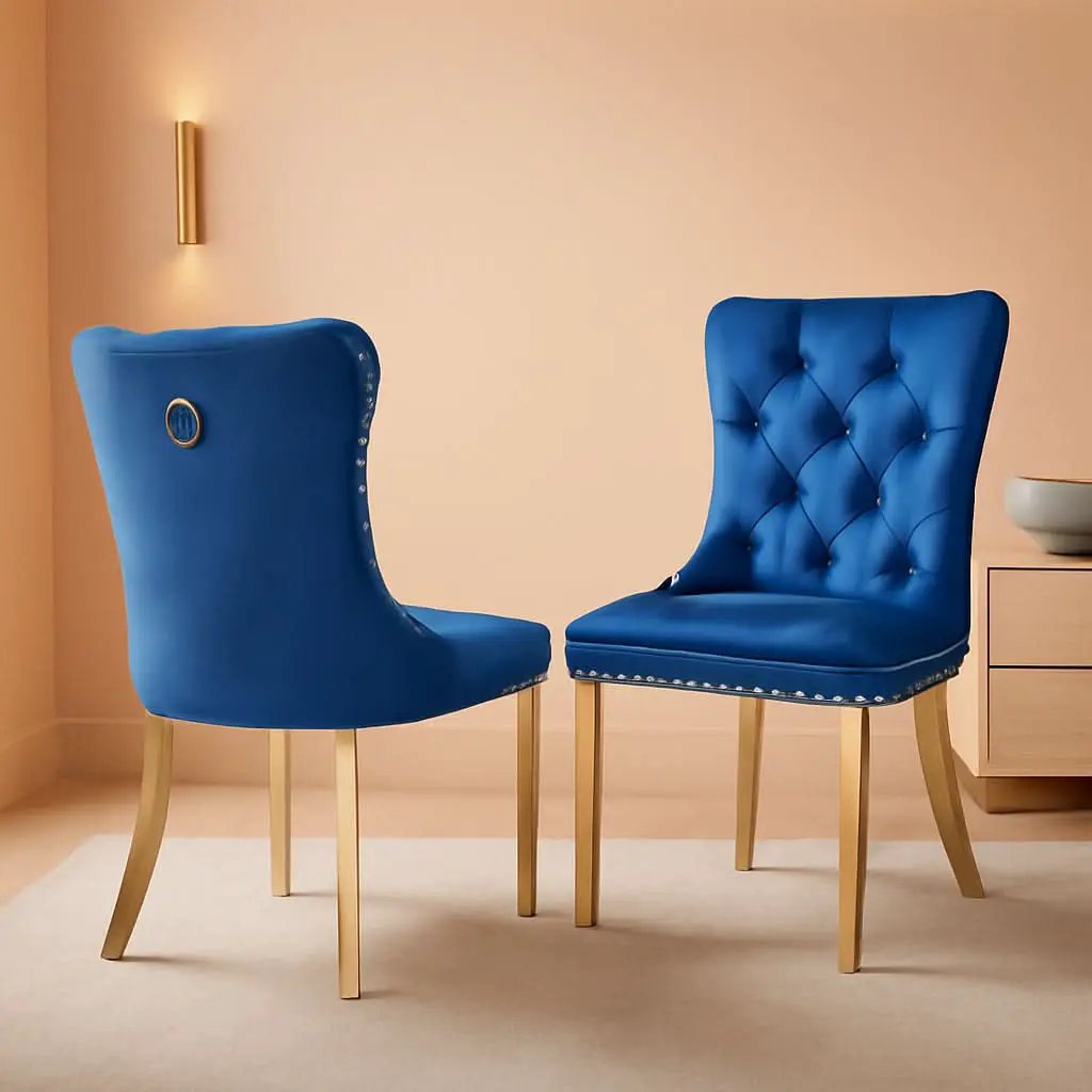 Blue Velvet Dining Chair Set Of 2 With Tufted Nailhead Trim from PriceLows™