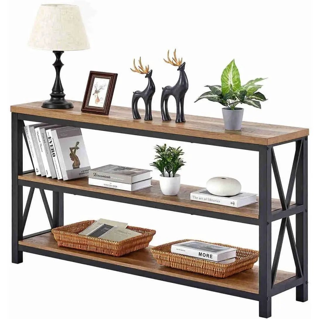 Rustic Wood Console Table With Three Shelves Metal Frame from PriceLows™