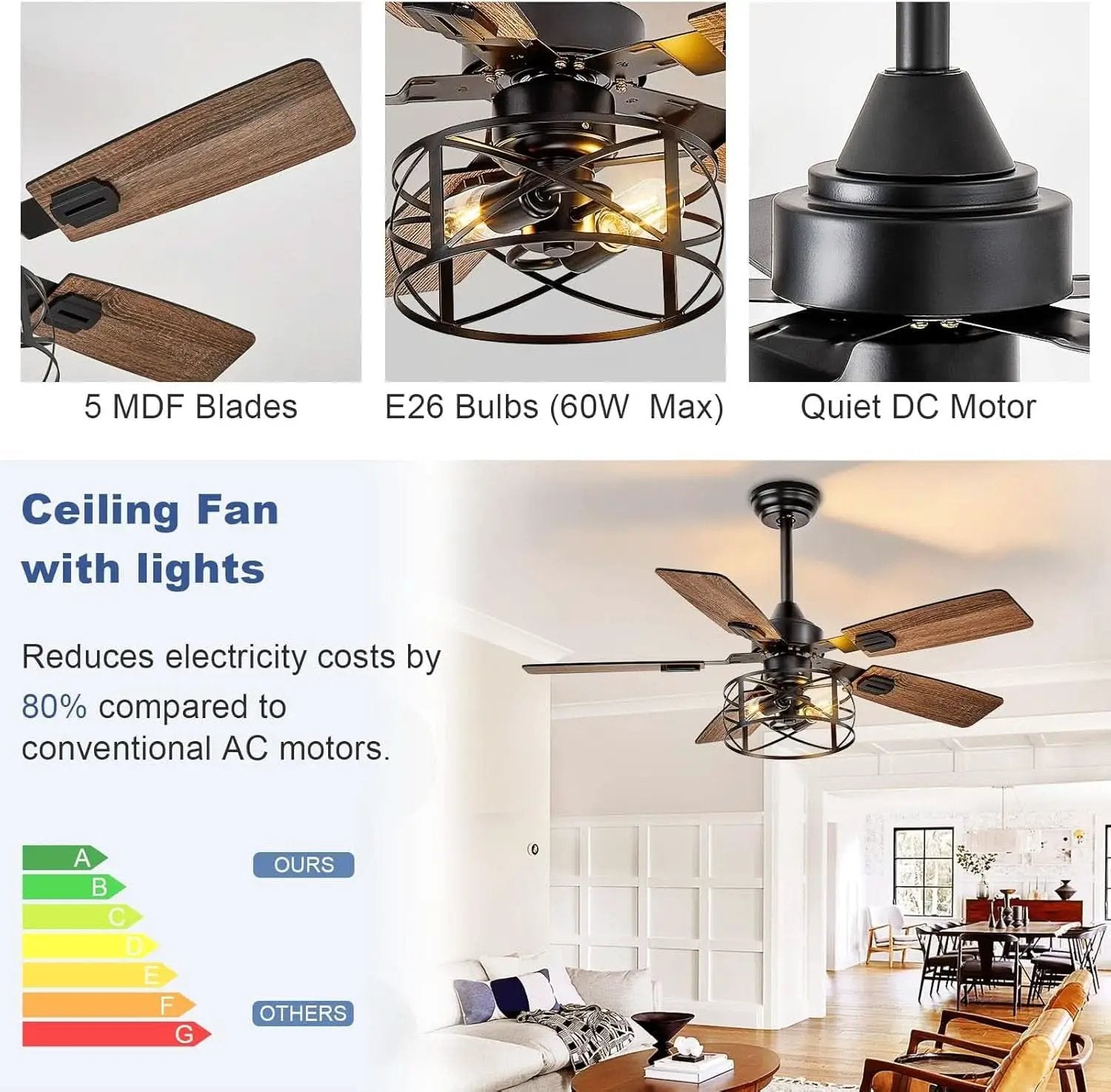 42 Inch Farmhouse Cage Ceiling Fan With Remote E26 Bulbs from PriceLows™