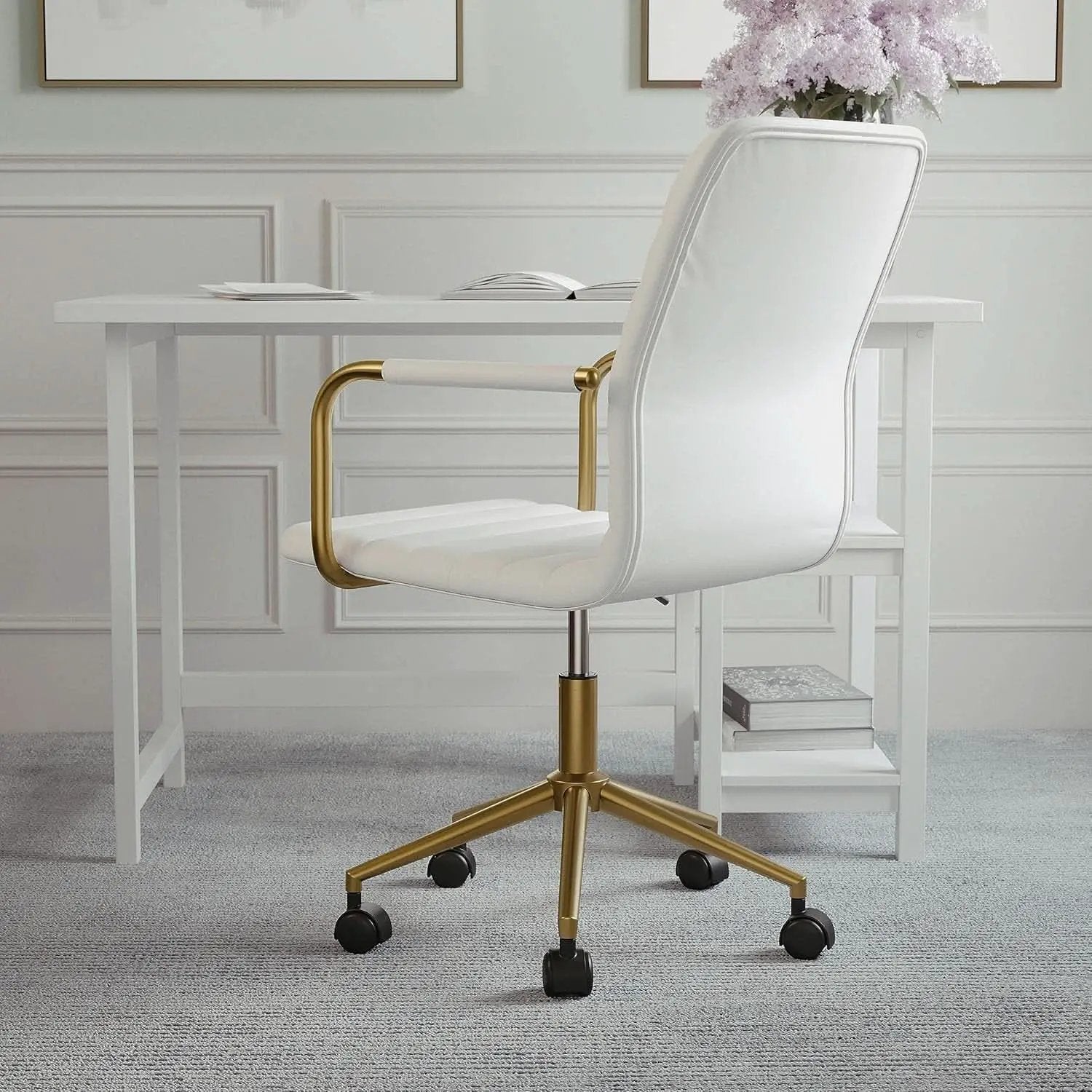 Taytum Swivel Task Chair White Faux Leather Brass Frame from PriceLows™