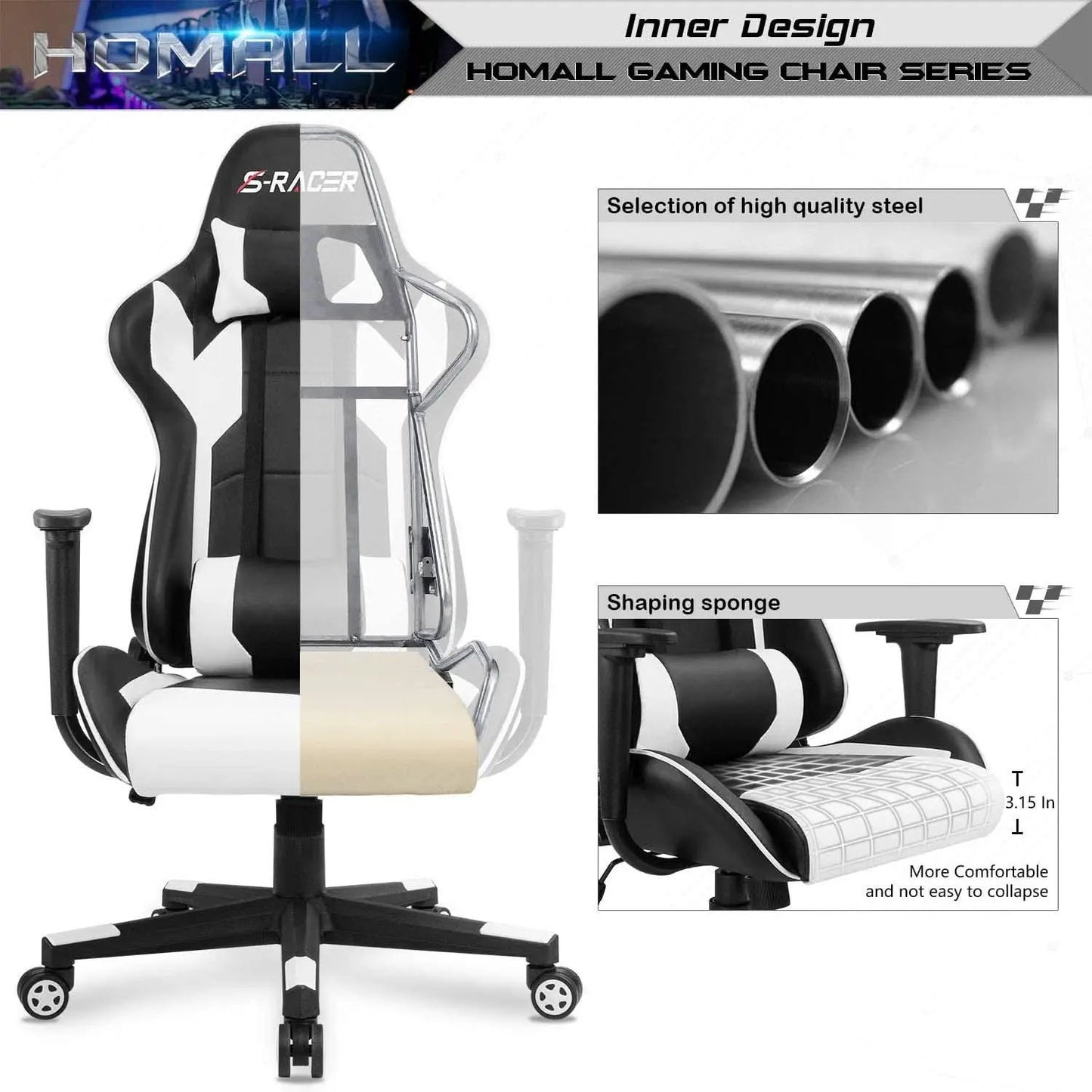 White Leather Ergonomic Gaming Chair With Lumbar Support from PriceLows™
