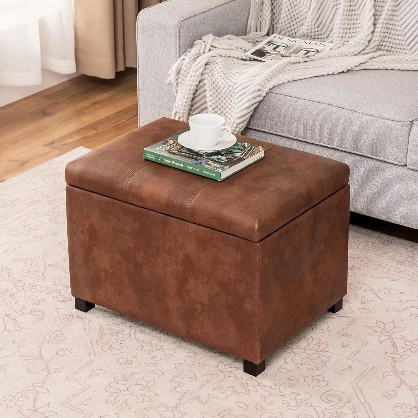 Leather Storage Ottoman Bench 24 Inches Rectangular from PriceLows™