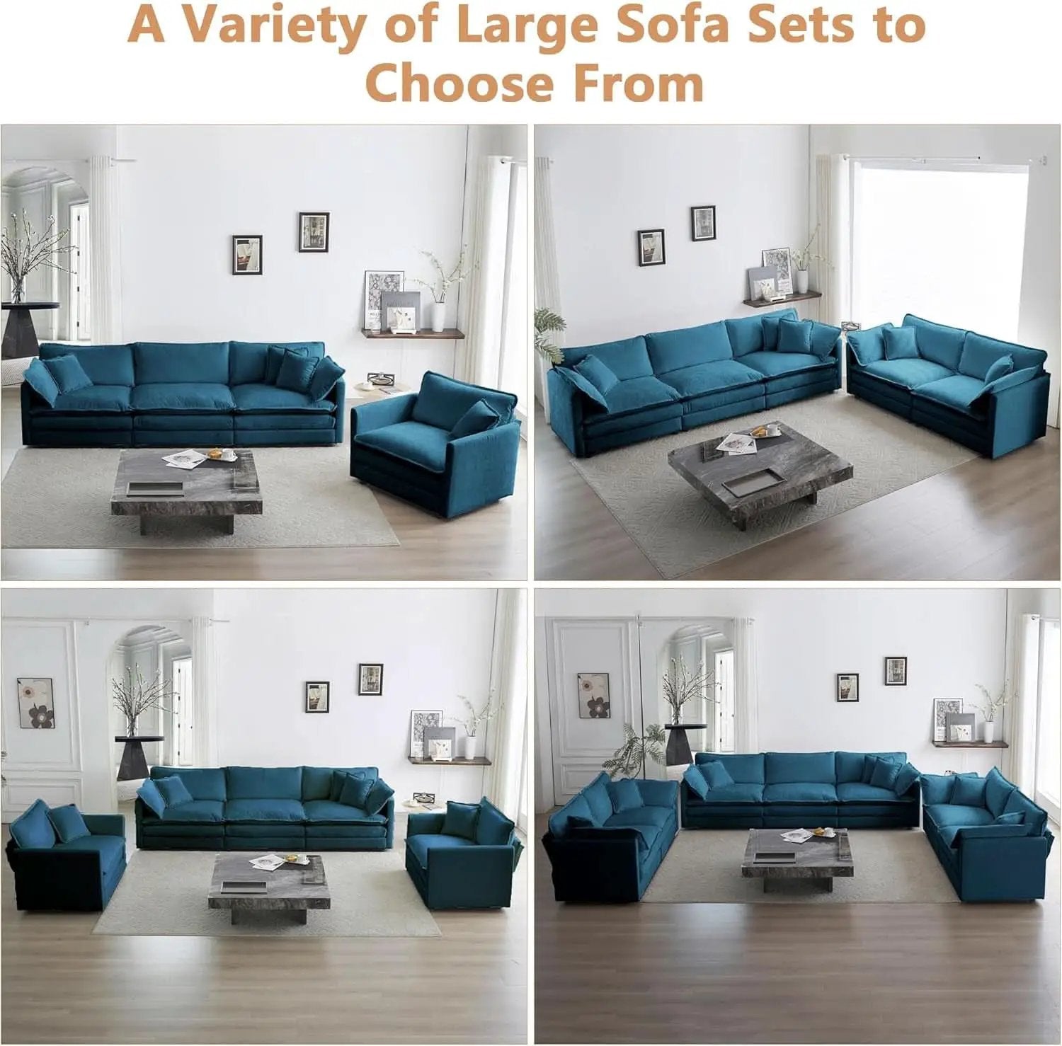 Blue Chenille Three Piece Sofa Set With Seven Pillows from PriceLows™