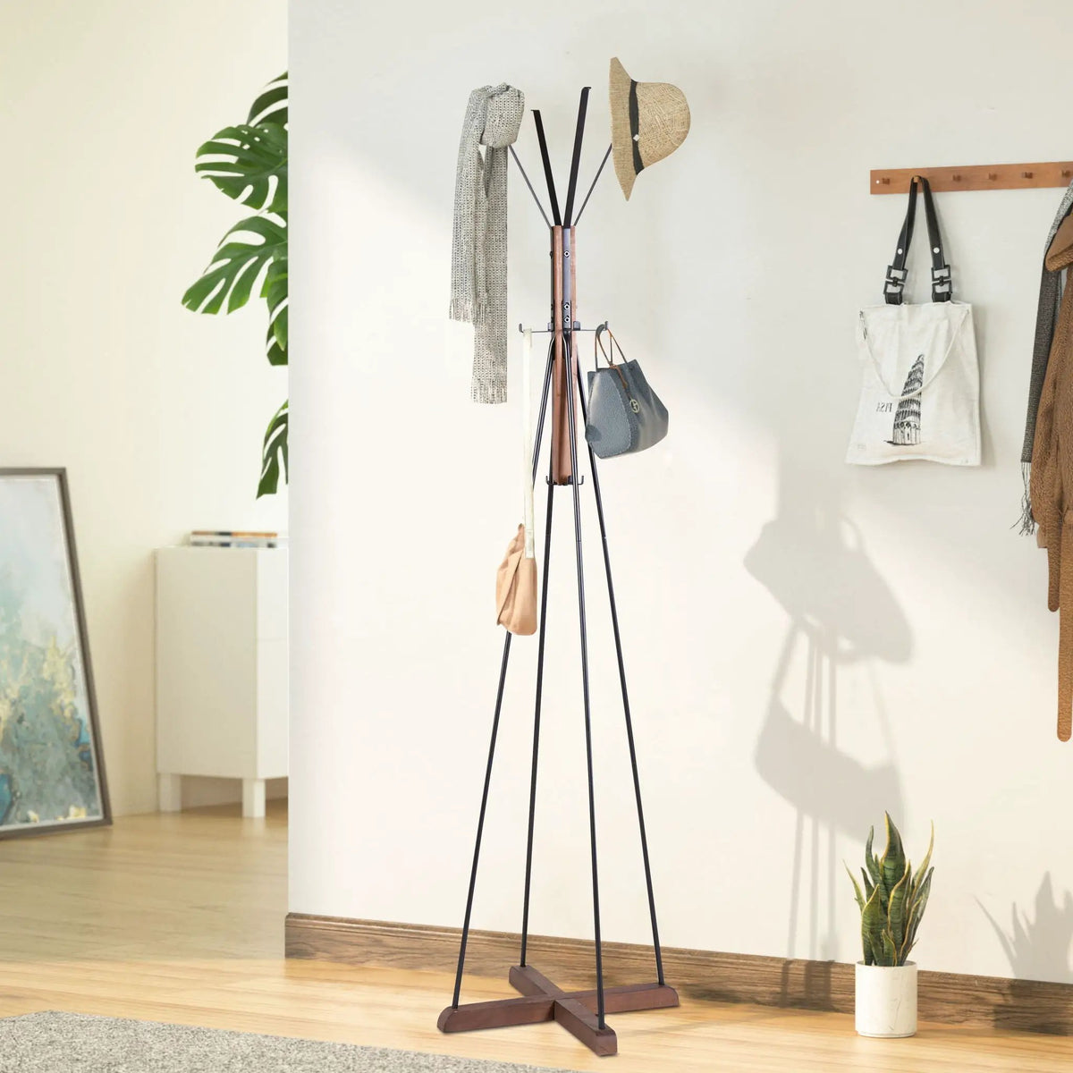 Freestanding Coat Rack | Reclaimed Wood And Metal | 71 Inch Height | Cross Wood Base