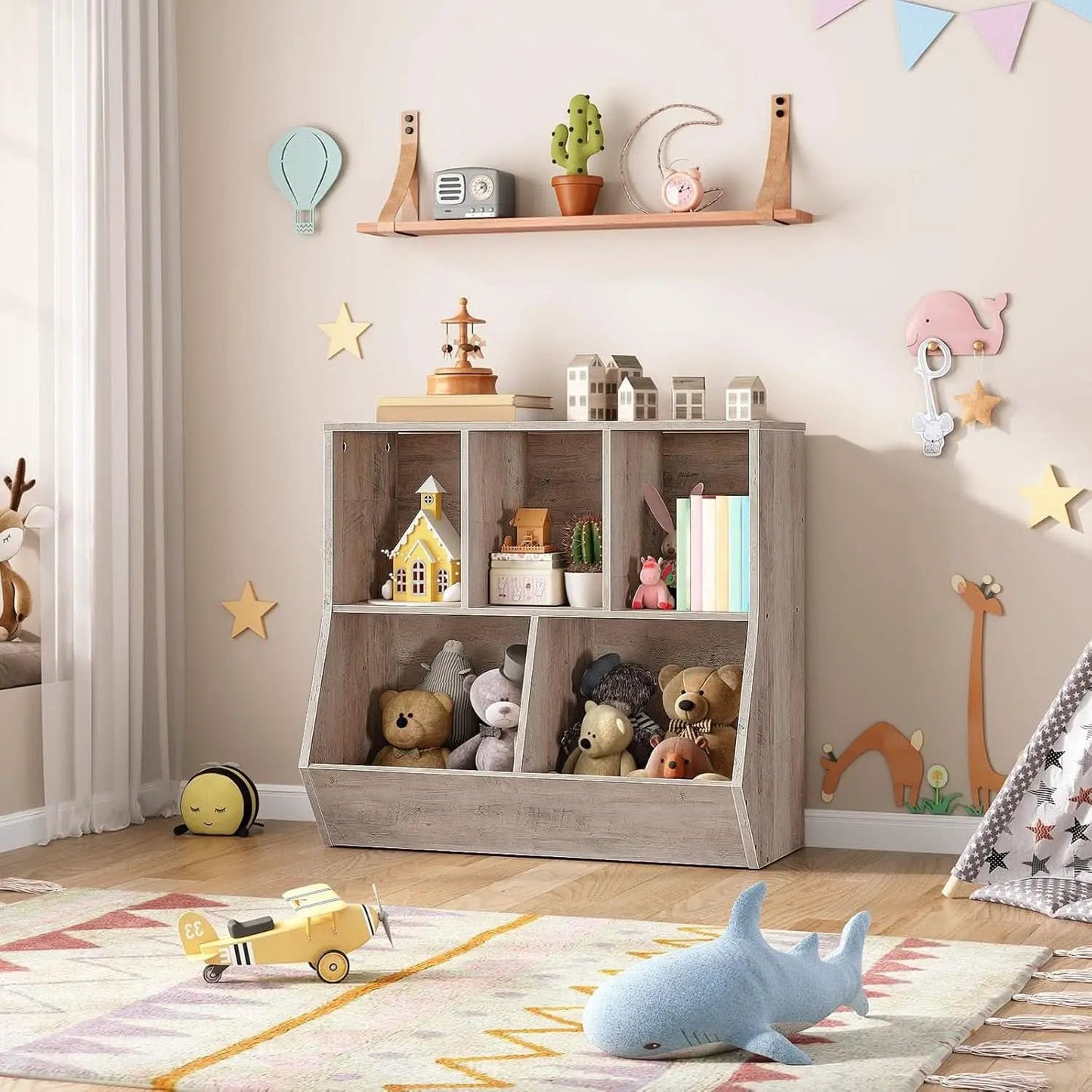 Kids Bookshelf Toy Storage Cabinet 35 Inch Long Greige from PriceLows™