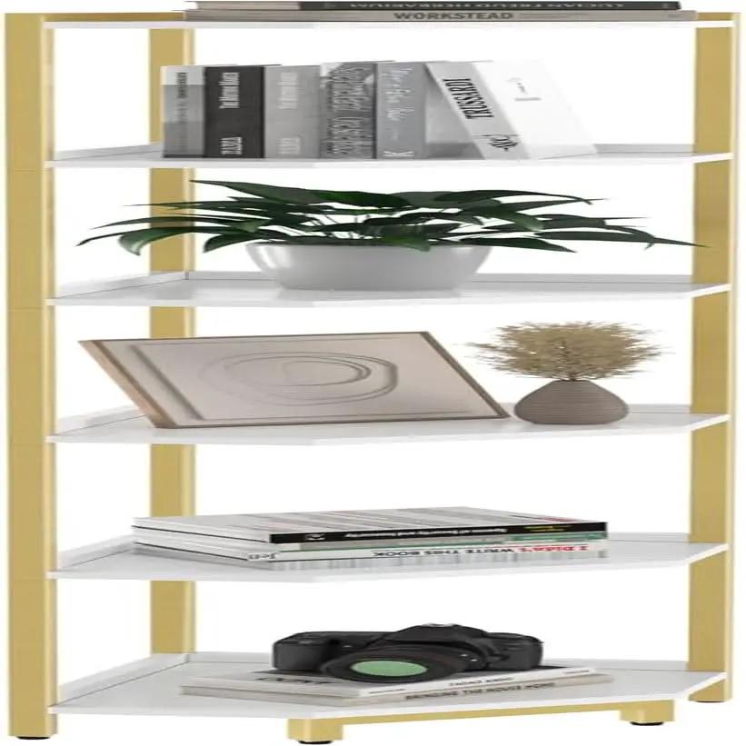 6-Tier Corner Shelf Stand White Gold Finish For Living Room from PriceLows™