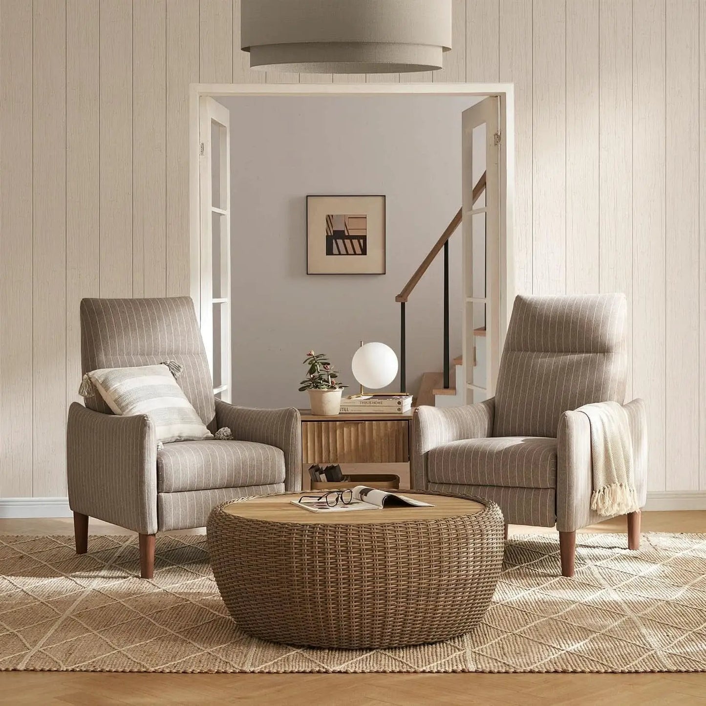 Arthur Mid Century Recliner Chair With 3 Positions Taupe Stripe Jacquard from PriceLows™