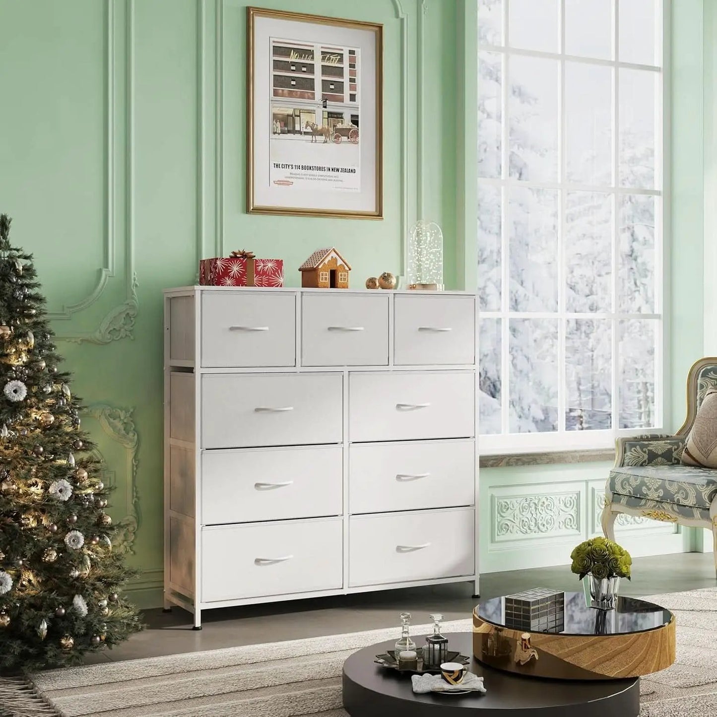 9 Drawer Fabric Dresser White With Steel Frame And Wood Top from PriceLows™