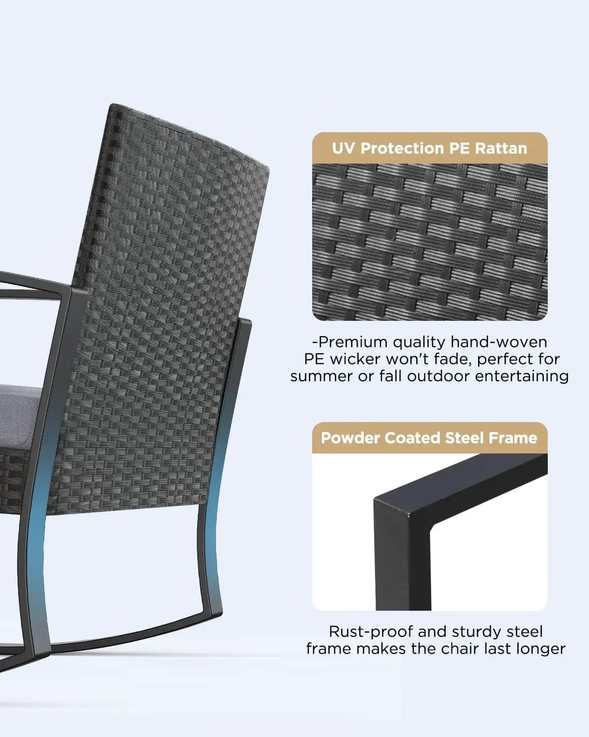 3 Piece Rattan Rocking Bistro Set With Coffee Table Outdoor Patio Furniture Grey Cushions from PriceLows™