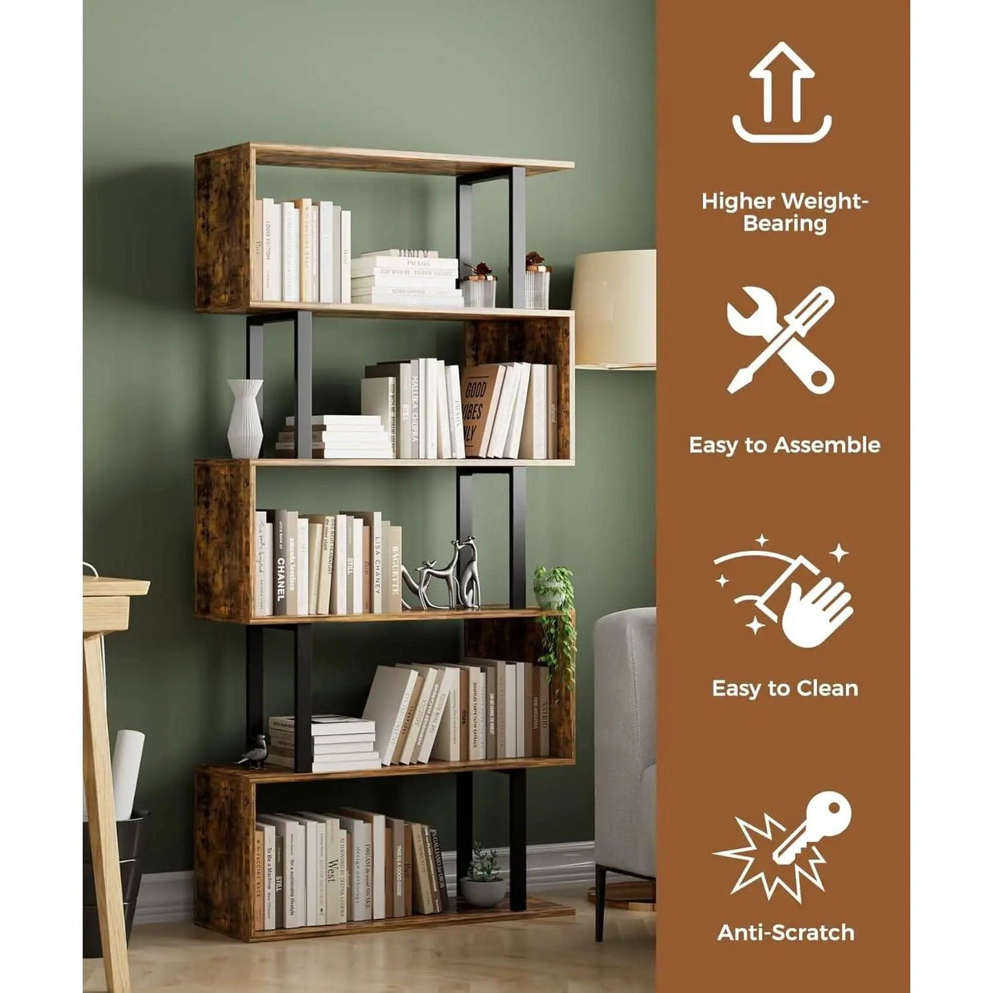 5-Tier S Shaped Bookcase In Rustic Brown Wood Shelving from PriceLows™