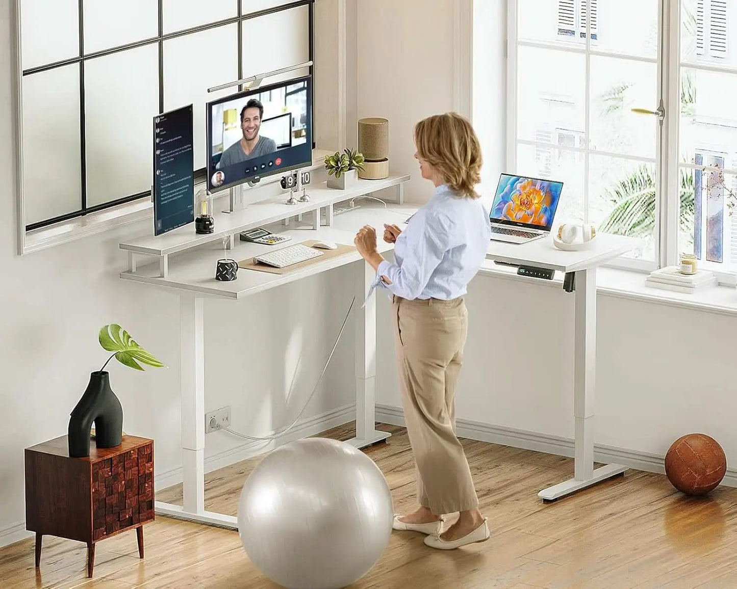 L Shaped Standing Desk 59 Inch Height Adjustable White from PriceLows™