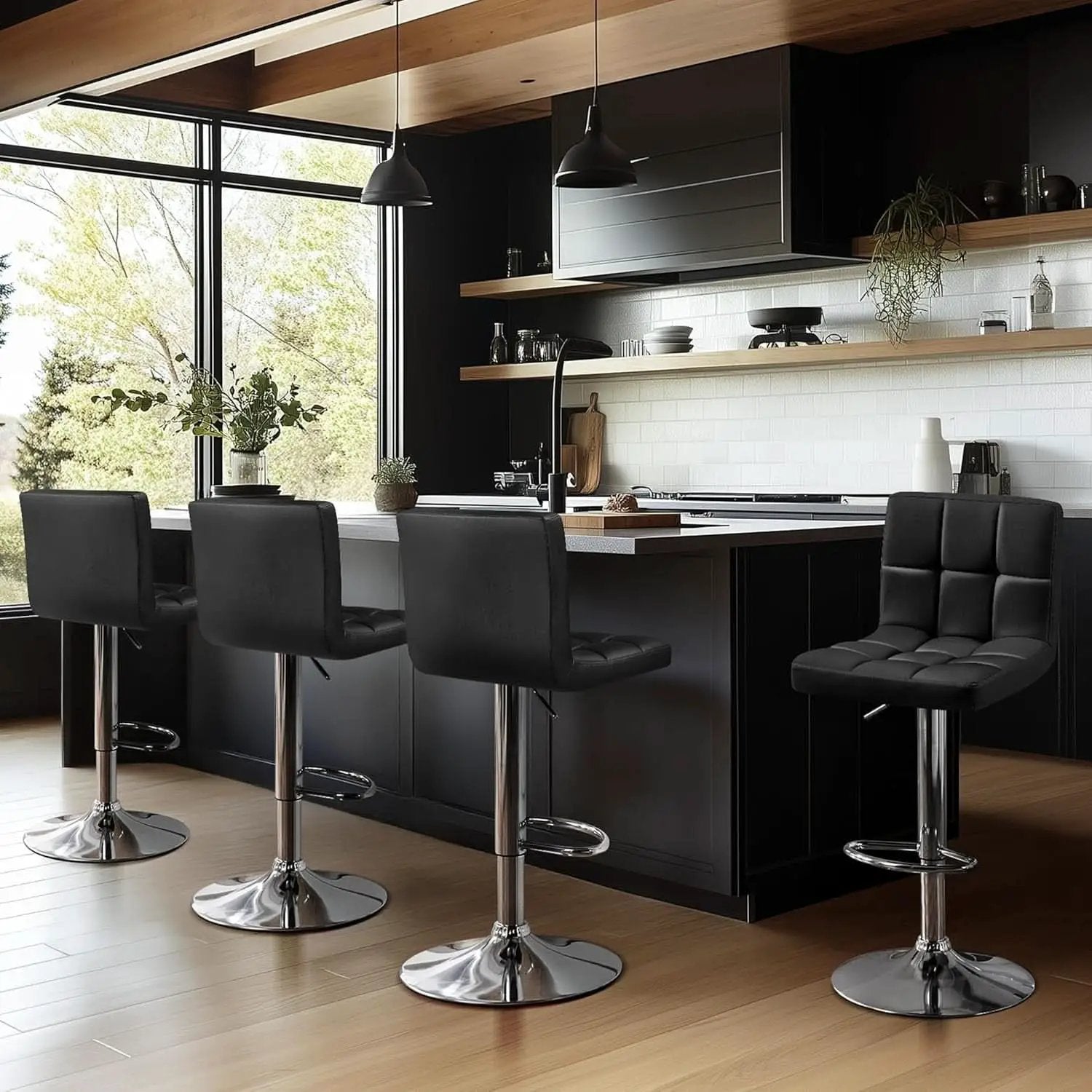Set Of 2 Adjustable Black PU Leather Swivel Bar Stools from PriceLows™