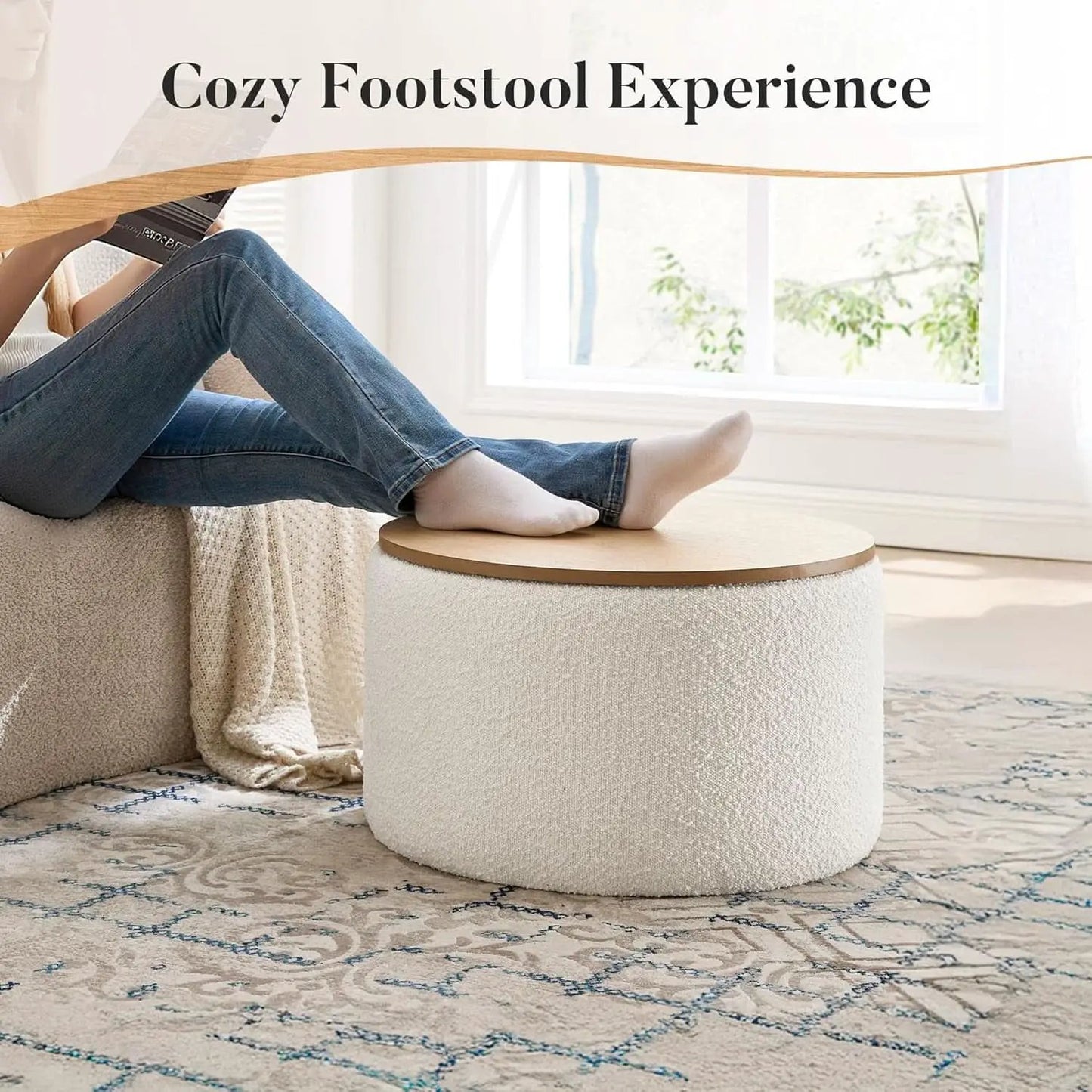 Circular Storage Ottoman With Wooden Lid Upholstered from PriceLows™