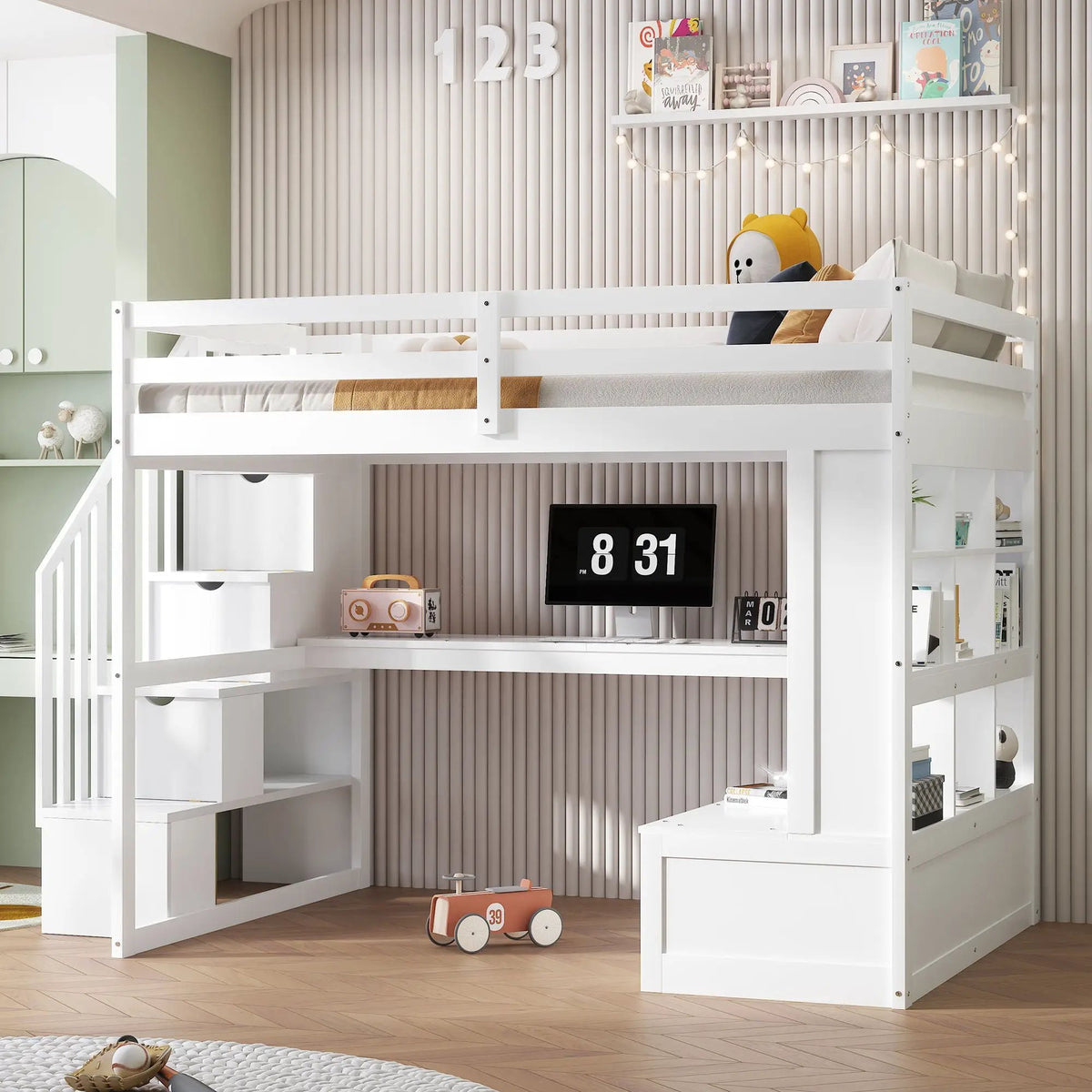 Full Size Loft Bed | Desk And Shelves | Storage Staircase | White