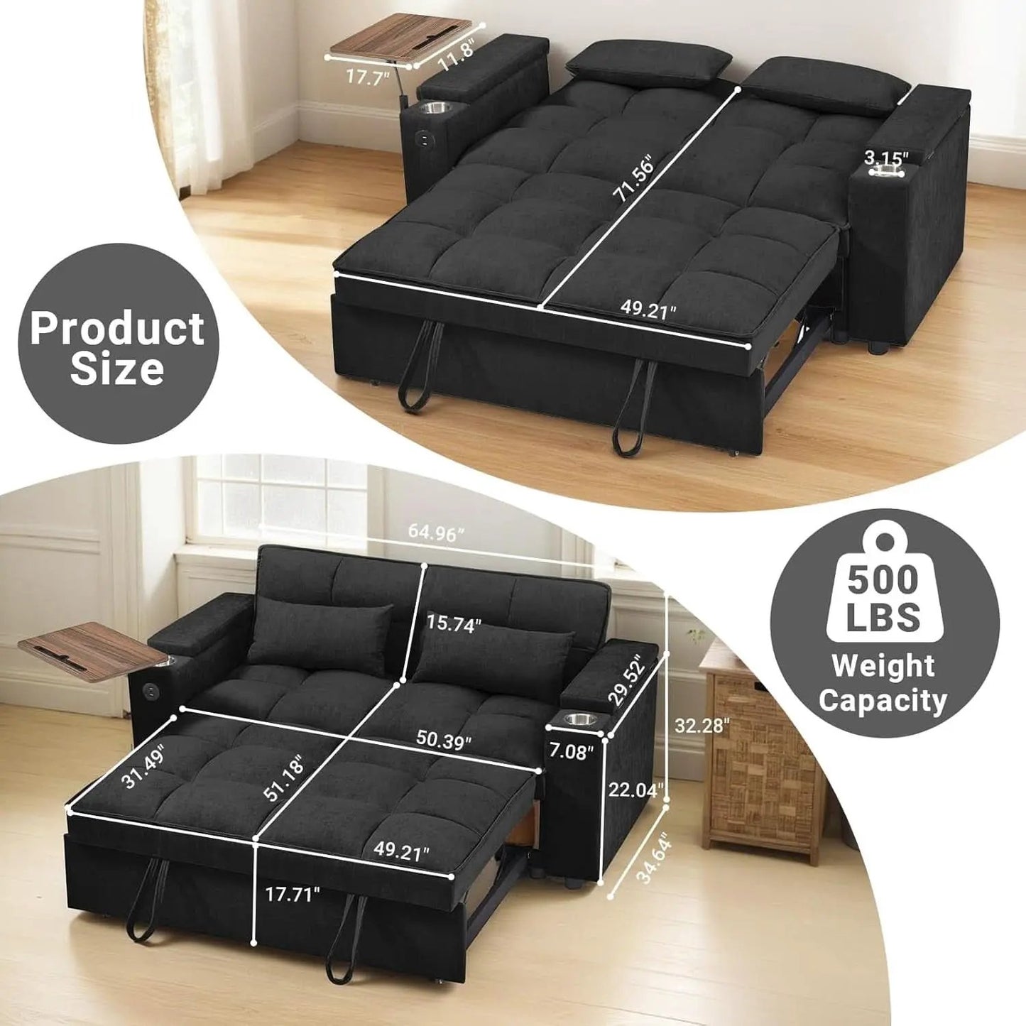 65Inches Transformable Sleeper Sofa Bed Black USBPort from PriceLows™