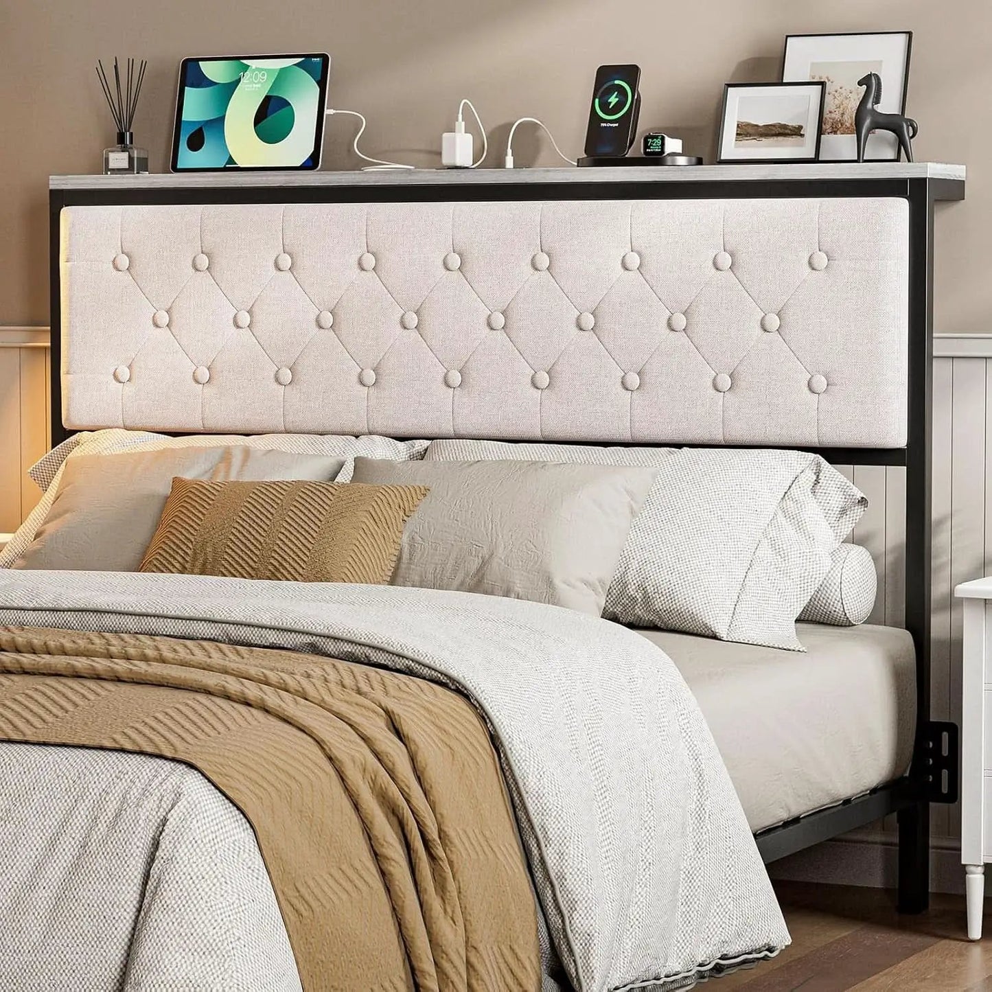 Queen Size Upholstered Headboard with Storage and Charging from PriceLows™