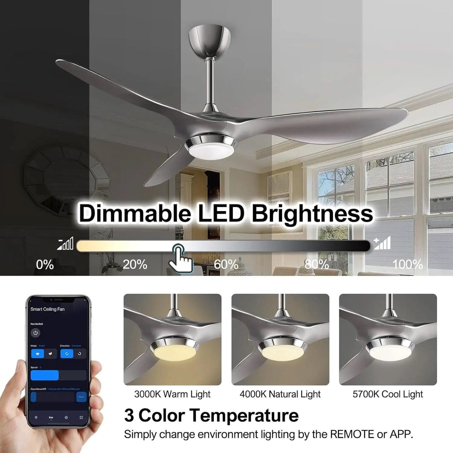52 Inch Smart WiFi Ceiling Fan With Light And Remote Silver from PriceLows™