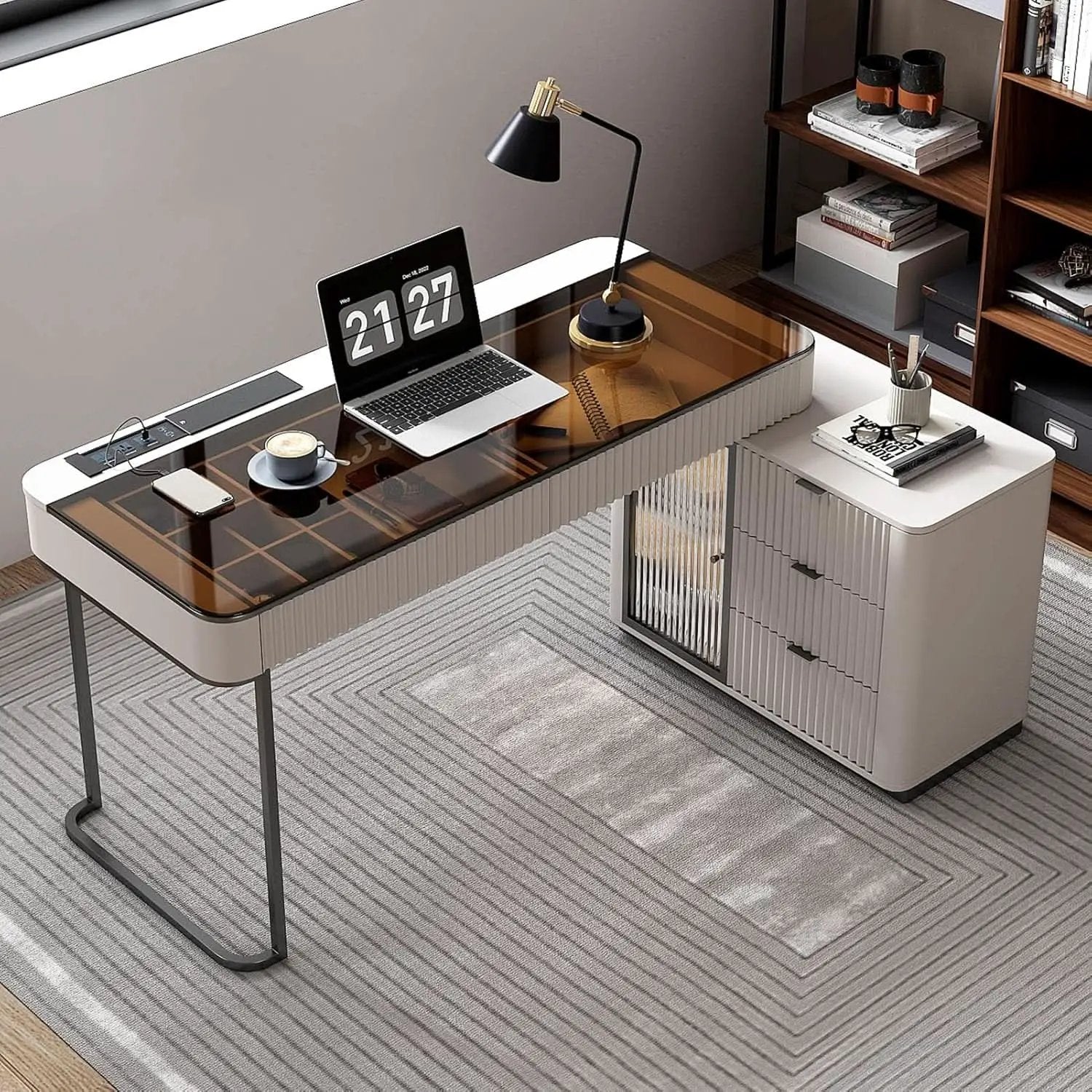 Ivory 50 Inch Office Computer Desk With Cabinet LED lights from PriceLows™
