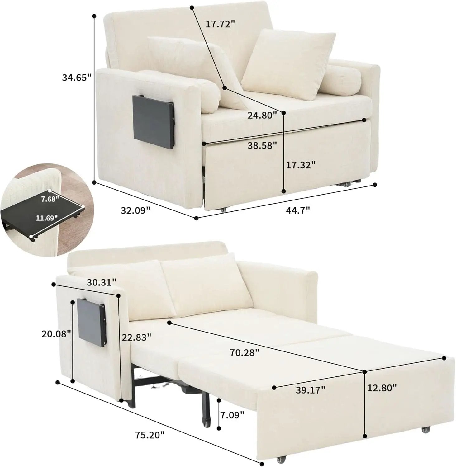 Oversize 45 Inch Sleeper Chair Bed With Wing Table Beige from PriceLows™
