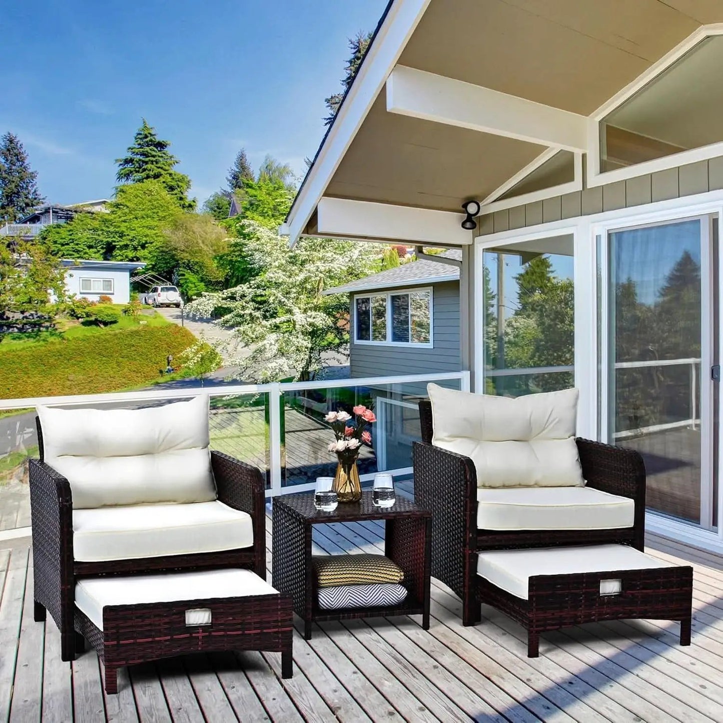 5 Piece Beige Rattan Patio Furniture Set With Ottomans And Coffee Table from PriceLows™