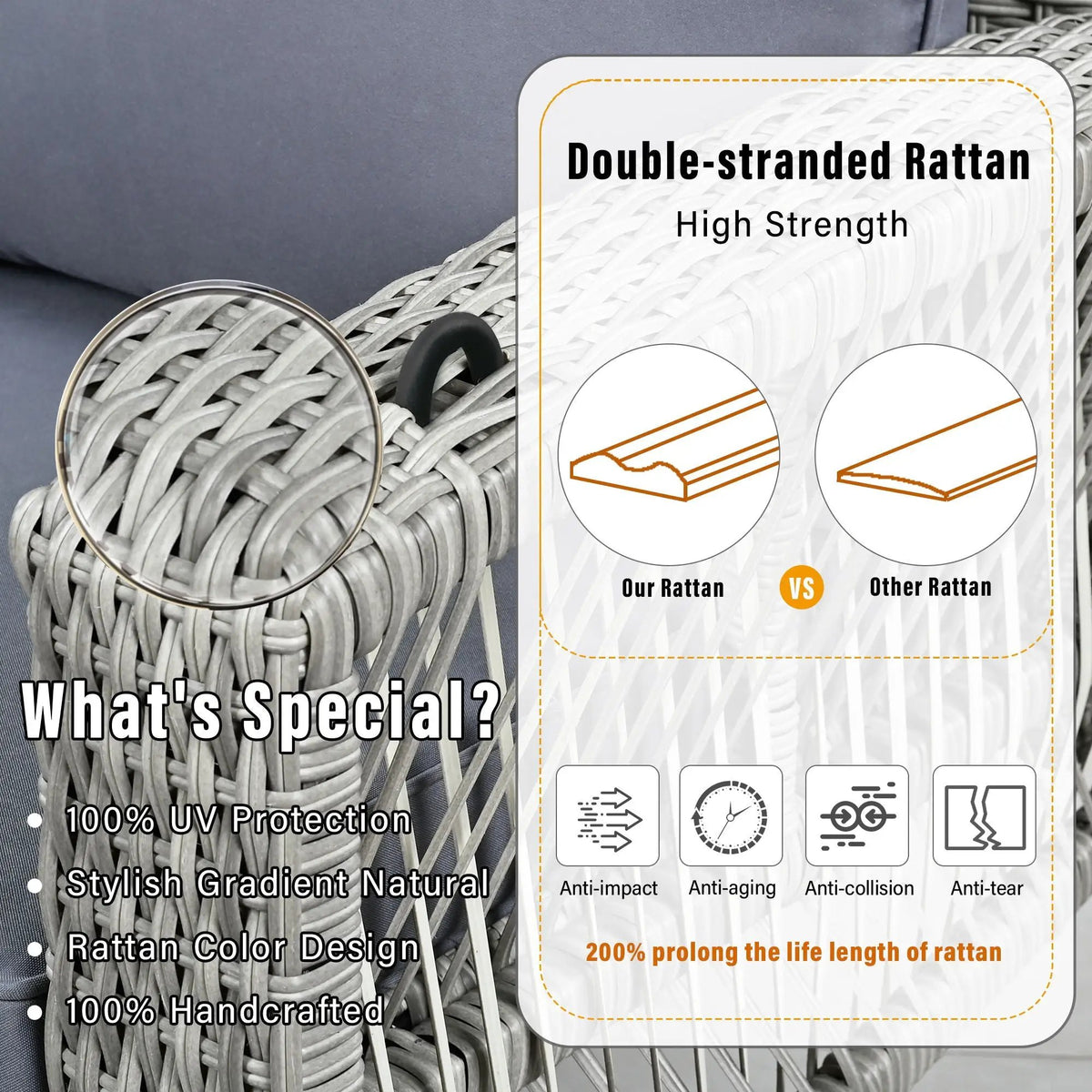 3 Person Patio Swing Bench | Hand-Woven PE Rattan | Cushions Included | Double-Strand Weave