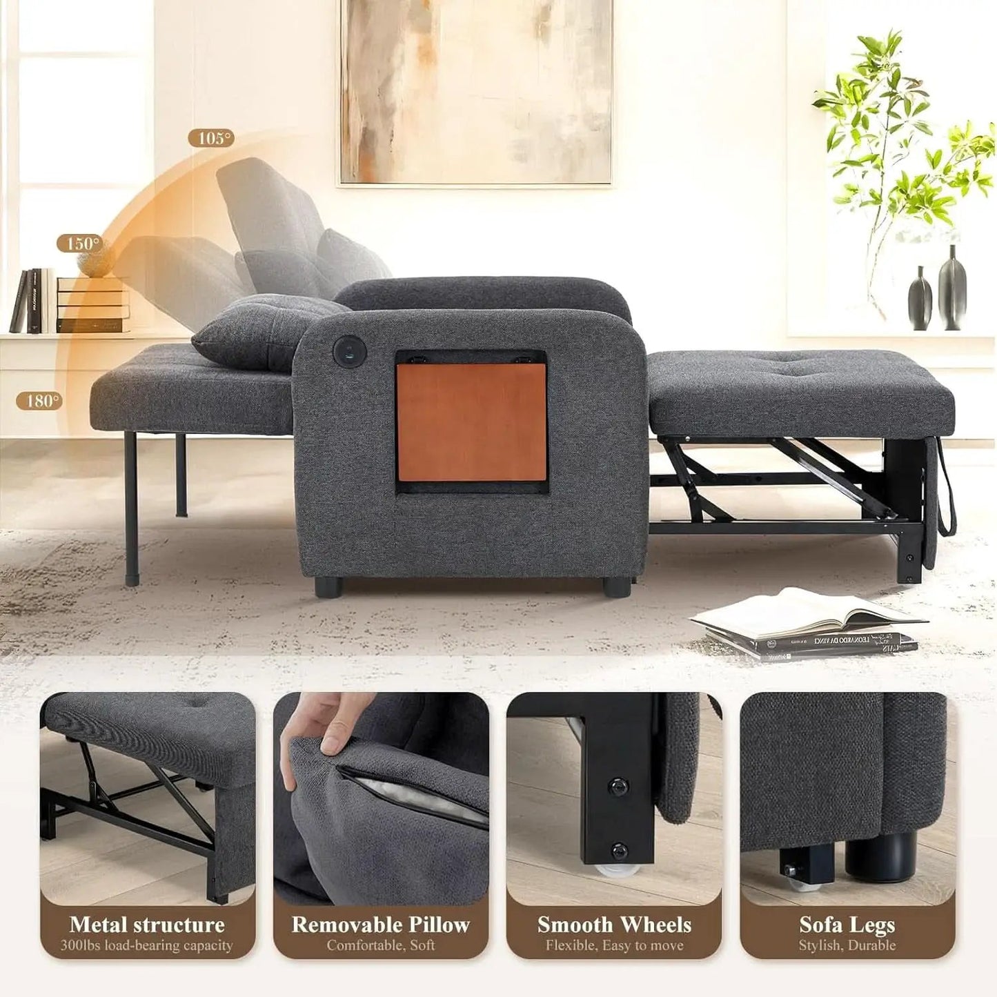 Convertible Sleeper Armchair Charcoal Gray USB Port from PriceLows™