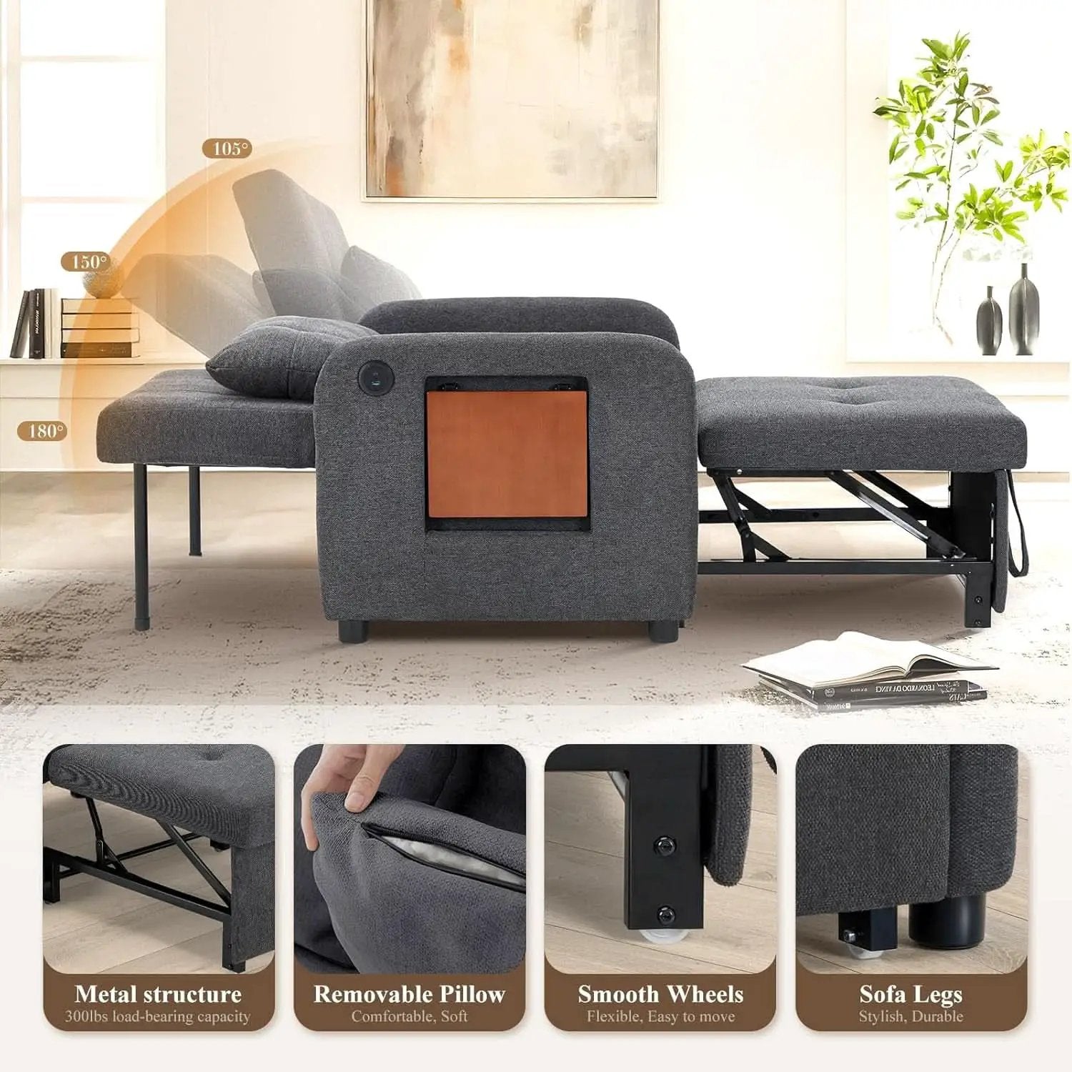 Convertible Sleeper Armchair Charcoal Gray USB Port from PriceLows™