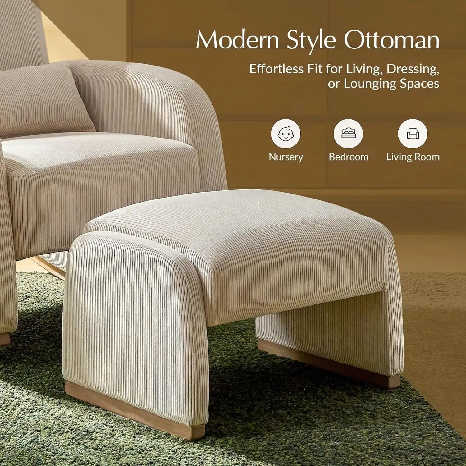 Beige Corduroy Ottoman With Contemporary Wood Legs from PriceLows™