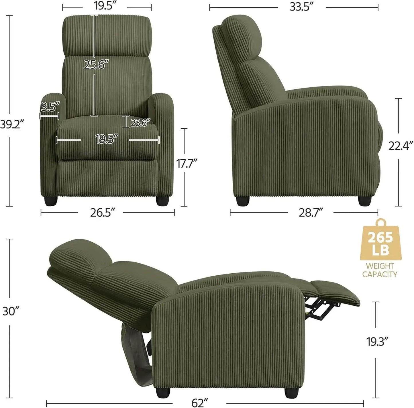 Dark Green Corduroy Adjustable Recliner Chair For Living Room from PriceLows™