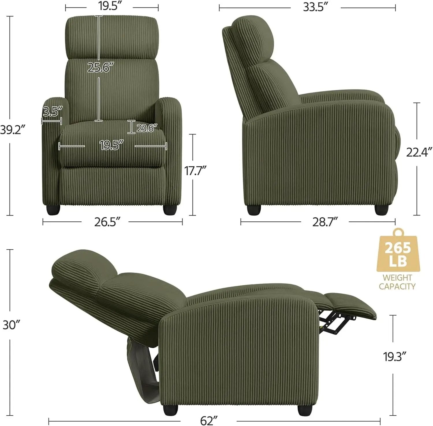 Dark Green Corduroy Adjustable Recliner Chair For Living Room from PriceLows™
