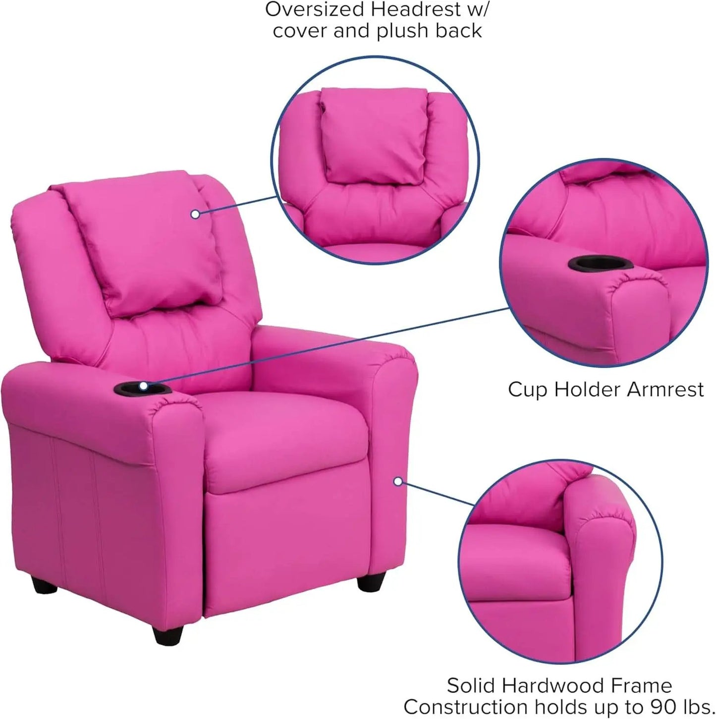 Hot Pink Kids Recliner With Cup Holder Compact Design from PriceLows™