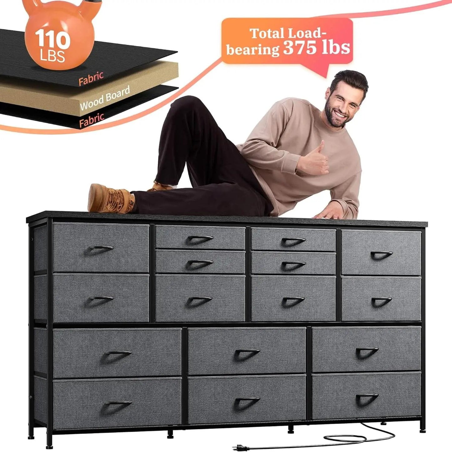 60 Inch TV Stand Dresser With Charging Station 16 Drawers from PriceLows™