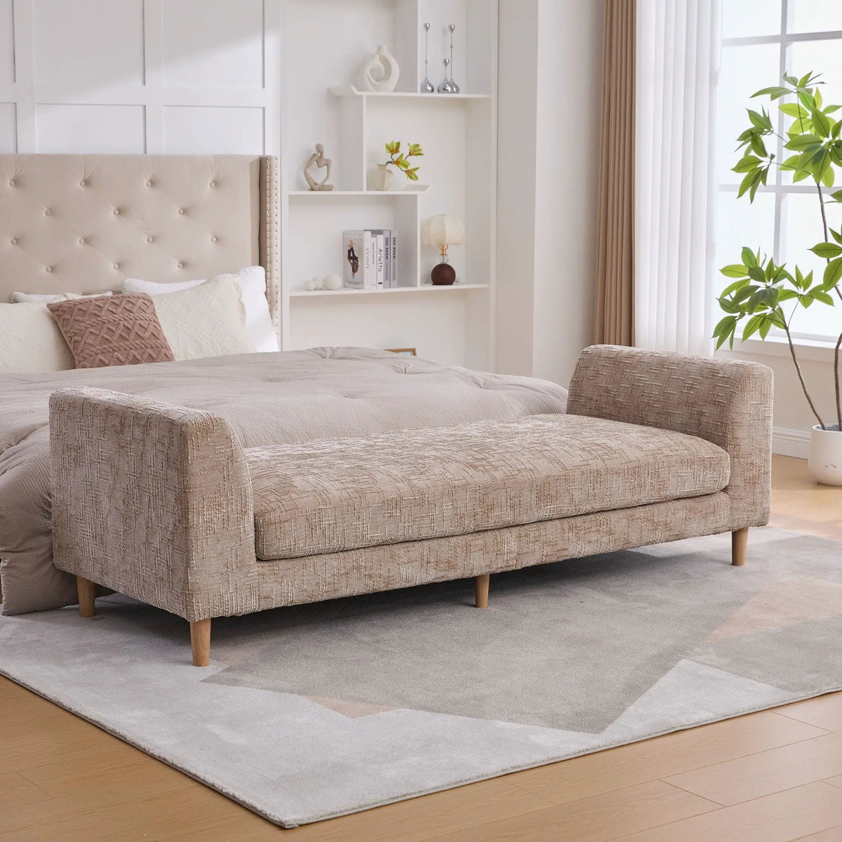 End Of Bed Bench | Upholstered With Armrests | Trapezoid Chaise Design | Kiln-Dried Solid Wood